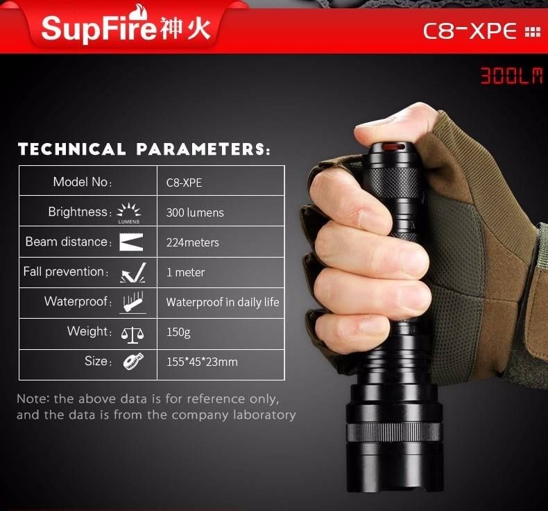 ไฟฉาย Supfire รุ่น C8-XPE มาพร้อมกับ หลอด CREE XPE LED ความสว่างสูงสุด 600 Lumens ออกแบบให้ ระยะส่องสว่าง ได้ไกลถึง 224 ม. วัสดุอลูมิเนียมอัลลอยด์ ระบายความร้อนได้ดี มีสวิตซ์ เปิด-ปิด ขนาดใหญ่ ใช้งานสะดวก ขนาดไฟฉาย ด้าม 23 mm. * ยาว 155 mm. ใช้แบตเตอรี่ขน