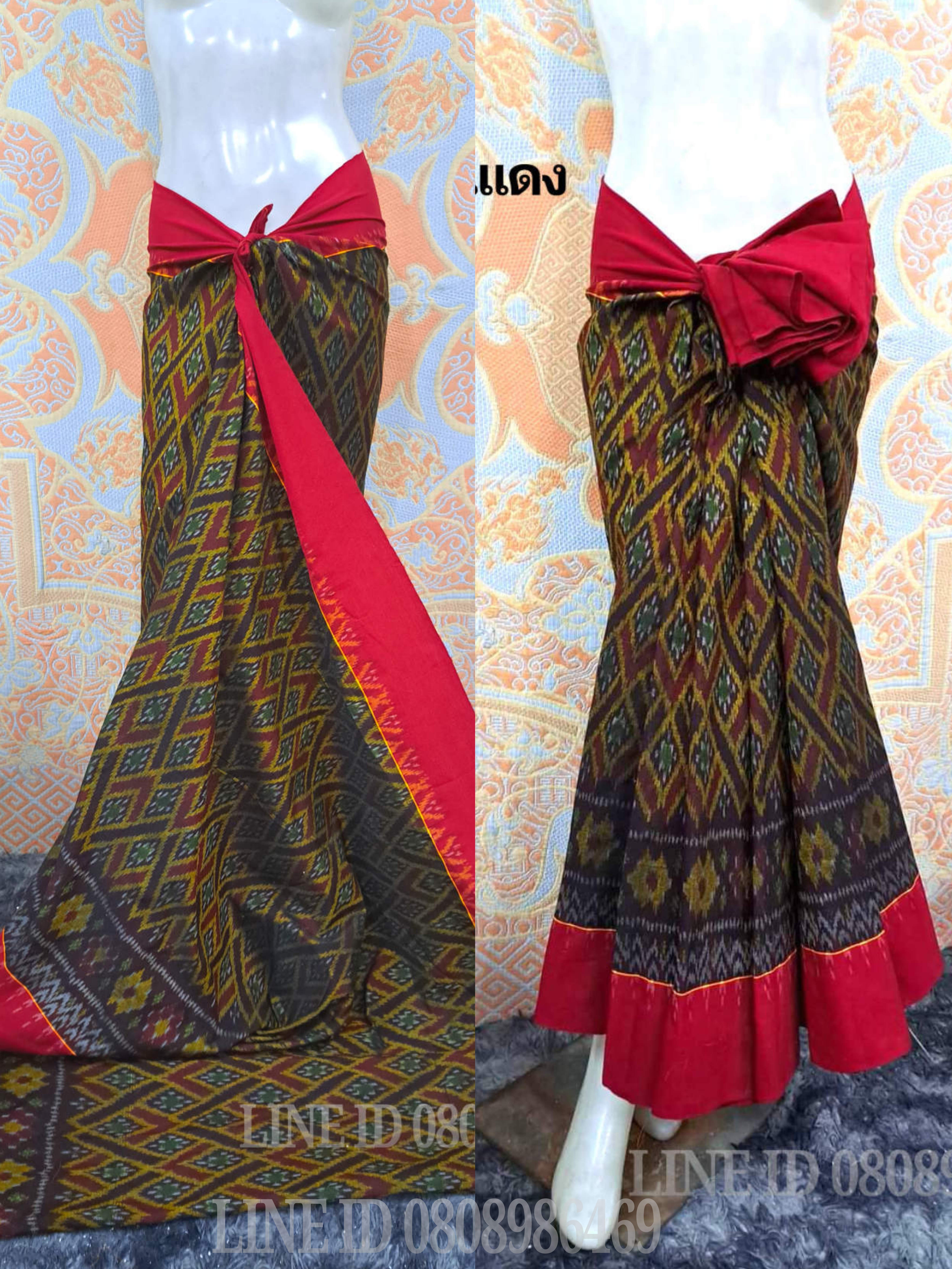 ผ้ามัดหมี่ตีนแดง ผ้าซิ่นตีนแดง ผ้าฝ้ายตีนแดง ผ้าทอพื้นเมือง บุรีรัมย์ ลายอัปสรามงกุฎกุญชร 2 เมตร