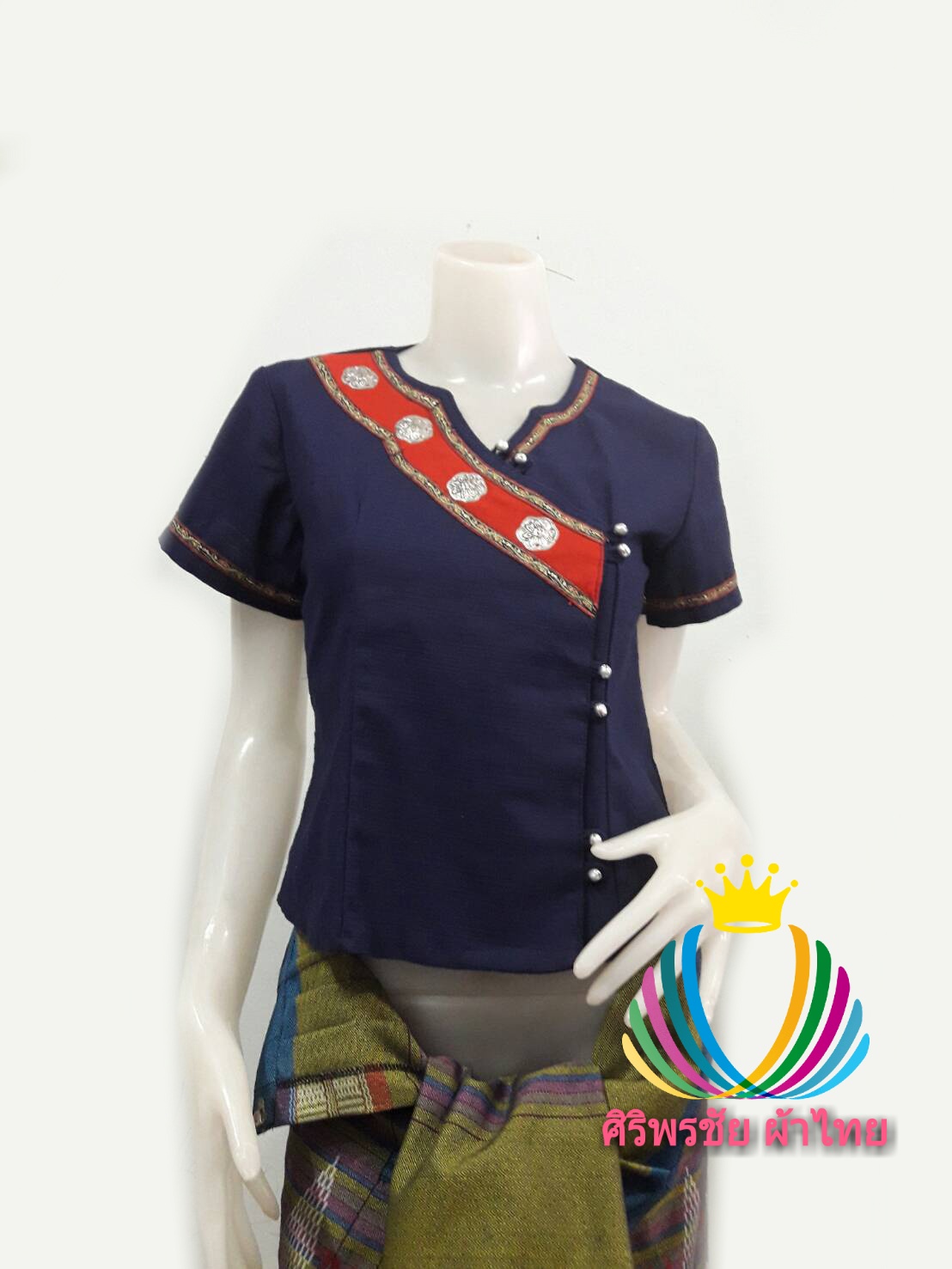 เสื้อผ้าไทยสีกรมท่าแต่งแดง เสื้อผ้าฝ้าย เสื้อใส่ผ้าซิ่น เสื้อผ้าฝ้ายสีกรมท่าคอจีนกระดุมเฉียง