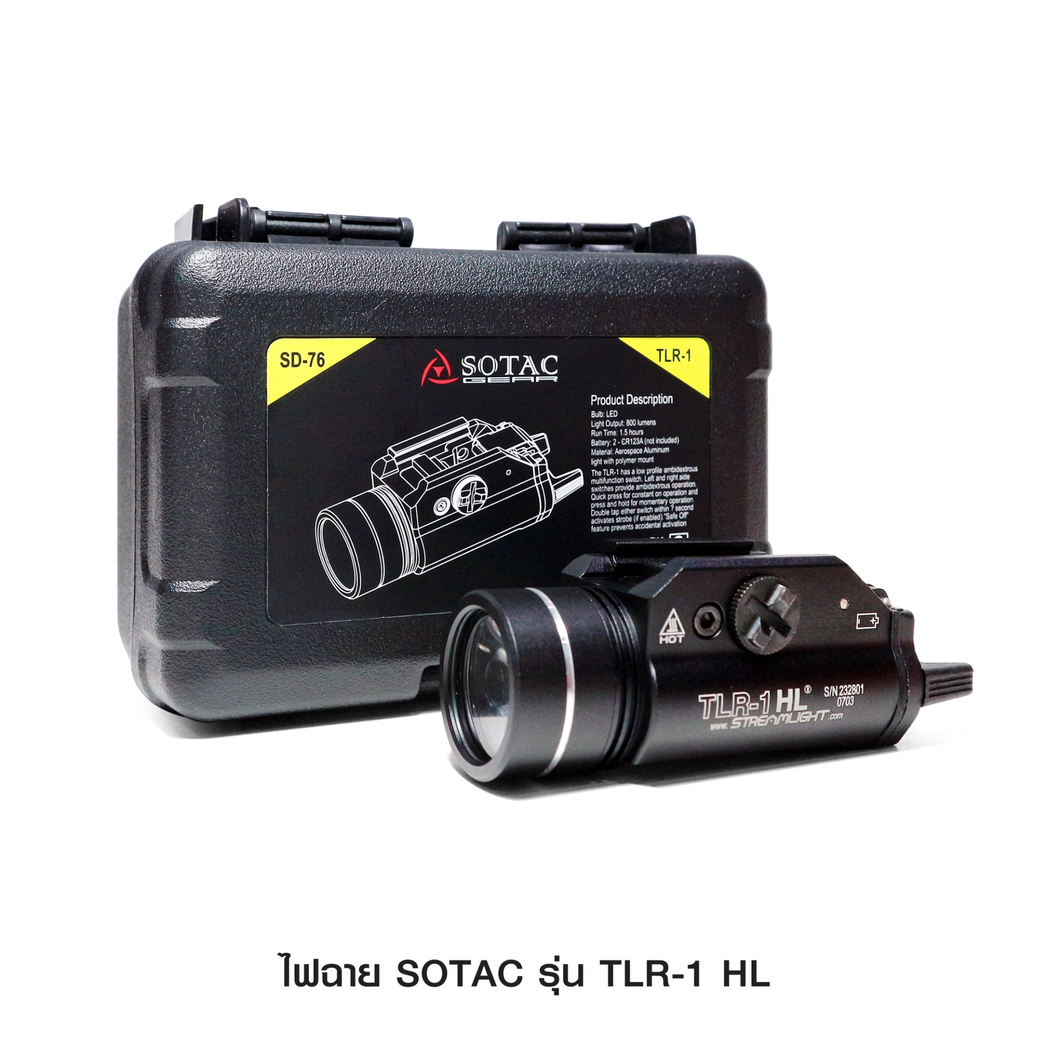 New.ไฟฉาย SOTAC รุ่น TLR-1 HL -ตัวเรือนผลิตจากอลูมิเนียมเกรดคุณภาพ -หลอด LED ความสว่าง 800 lumens -3 functions : Constant / Momentary / Strobe -Runtime : 1.5 hours. -Battery : 2 * CR123A Battery ( ไม่ได้แถมมา ) -Dimension : ยาว 7.8 cm. กว้าง 3.5 cm. -Colo