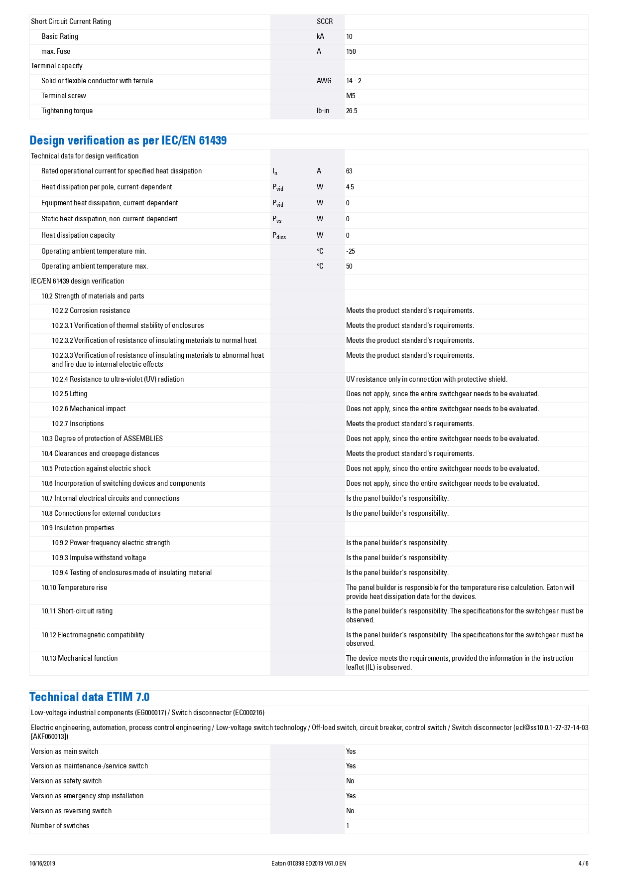 สวิตช์หลัก EATON P3-63/EA/SVB/N 63A 30kW IP65 Main Switch 3P+N Pole Flush Mount Isolator Switch