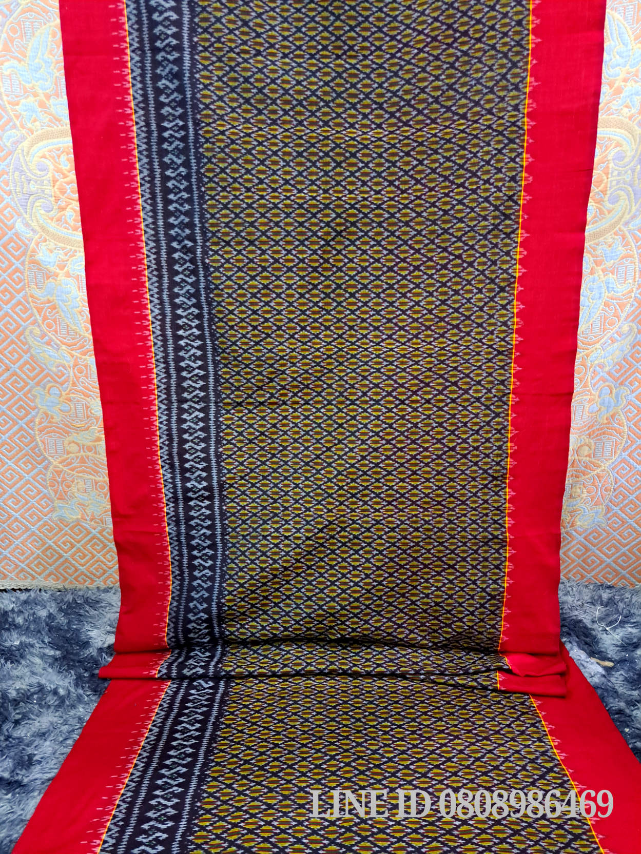 ผ้ามัดหมี่ตีนแดง ผ้าซิ่นตีนแดง ผ้าฝ้ายตีนแดง ผ้าทอพื้นเมือง บุรีรัมย์ ลายอัปสรามงกุฎกุญชร 2 เมตร