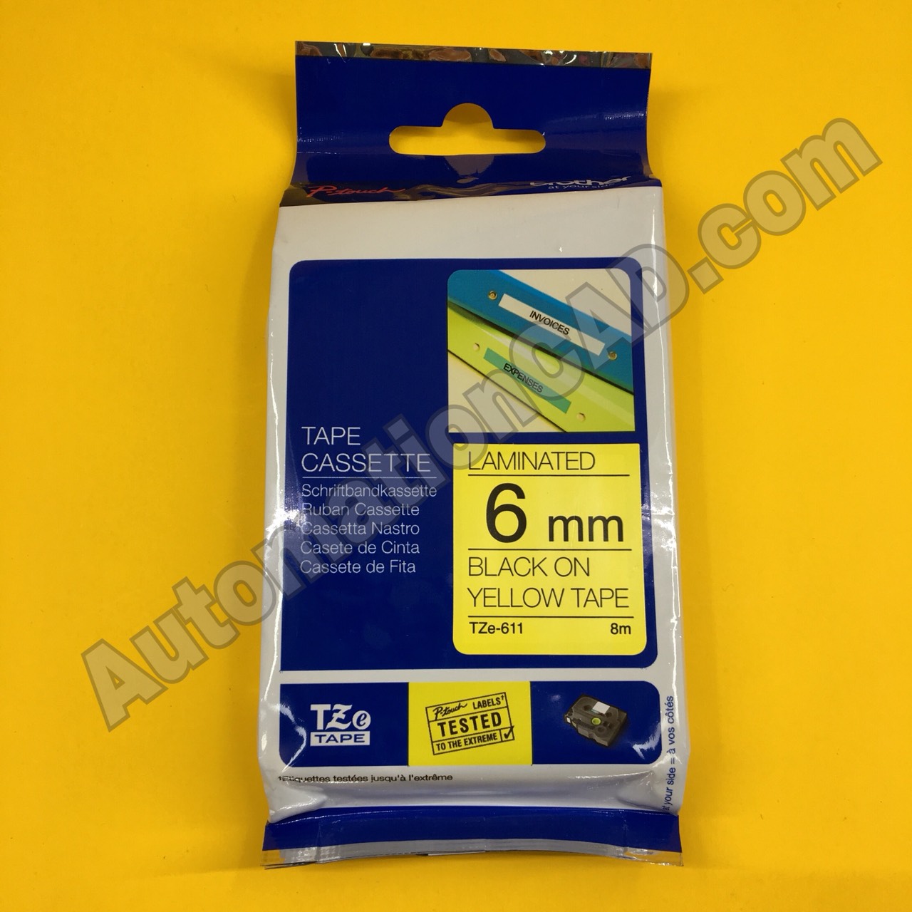 เทปพิมพ์อักษร TZE-611 6 มม. BROTHER ของแท้ อักษรสีดำ พื้นสีเหลือง