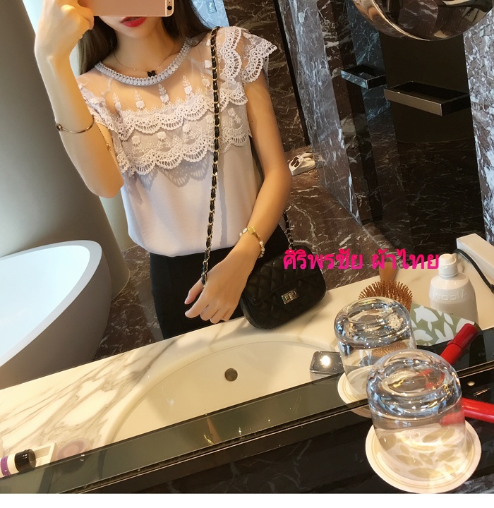 เสื้อทำงานชีฟองเกาหลีสีฟ้าอ่อนแต่งผ้าลูกไม้ตาข่าย เสื้อชีฟองเกาหลีแต่งลูกไม้ เสื้อทำงานเกาหลีคอแต่งโบว์ เสื้อสมัครงาน ชุดสมัครงาน เสื้อลูกไม้เกาหลีใส่กับผ้าถุง เสื้อลูกไม้จากจีนใส่กับผ้าซิ่น