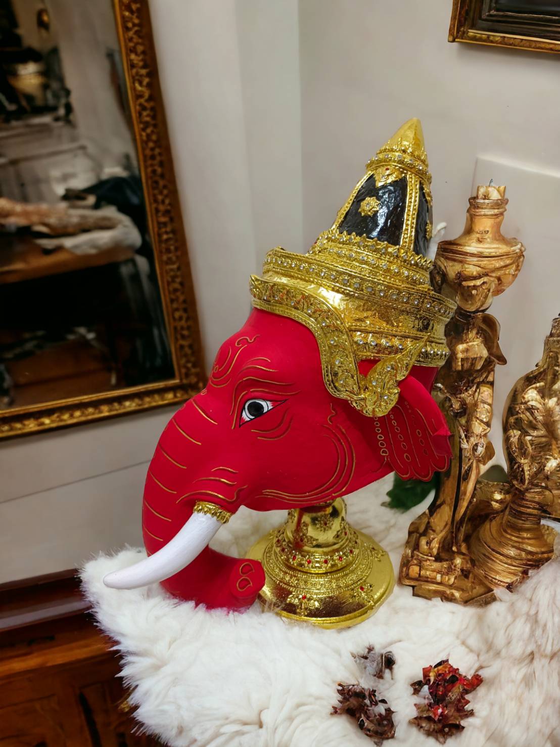 เศียรครู พระพิฆเนศ ขนาดครอบ พร้อมฐานไม้อัดสีแดง