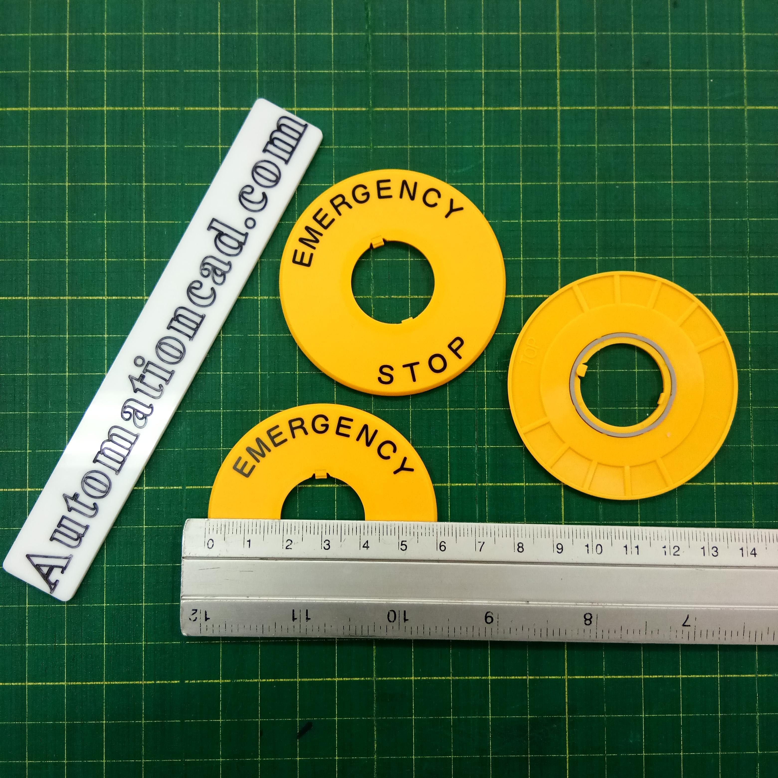 แผ่นเนมเพลทปุ่มกด Emergency IDEC สีเหลือง วงกลม Ø60mm (รู 22 mm) HWAV-27