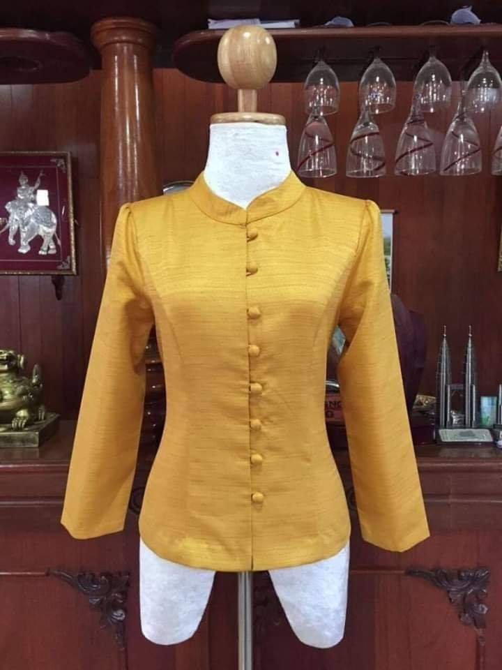 #เสื้อผ้าไทยพื้นเมืองสีเหลือง #เสื้อผ้าไหมลาวสีเหลือง#เสื้อผ้าฝ้ายสีเหลืองแขนสามส่วนแต่งกุ้นสีเหลืองเทปคู่ #เสื้อผ้ไหมอินเดียสีเหลือง เหลือง 34