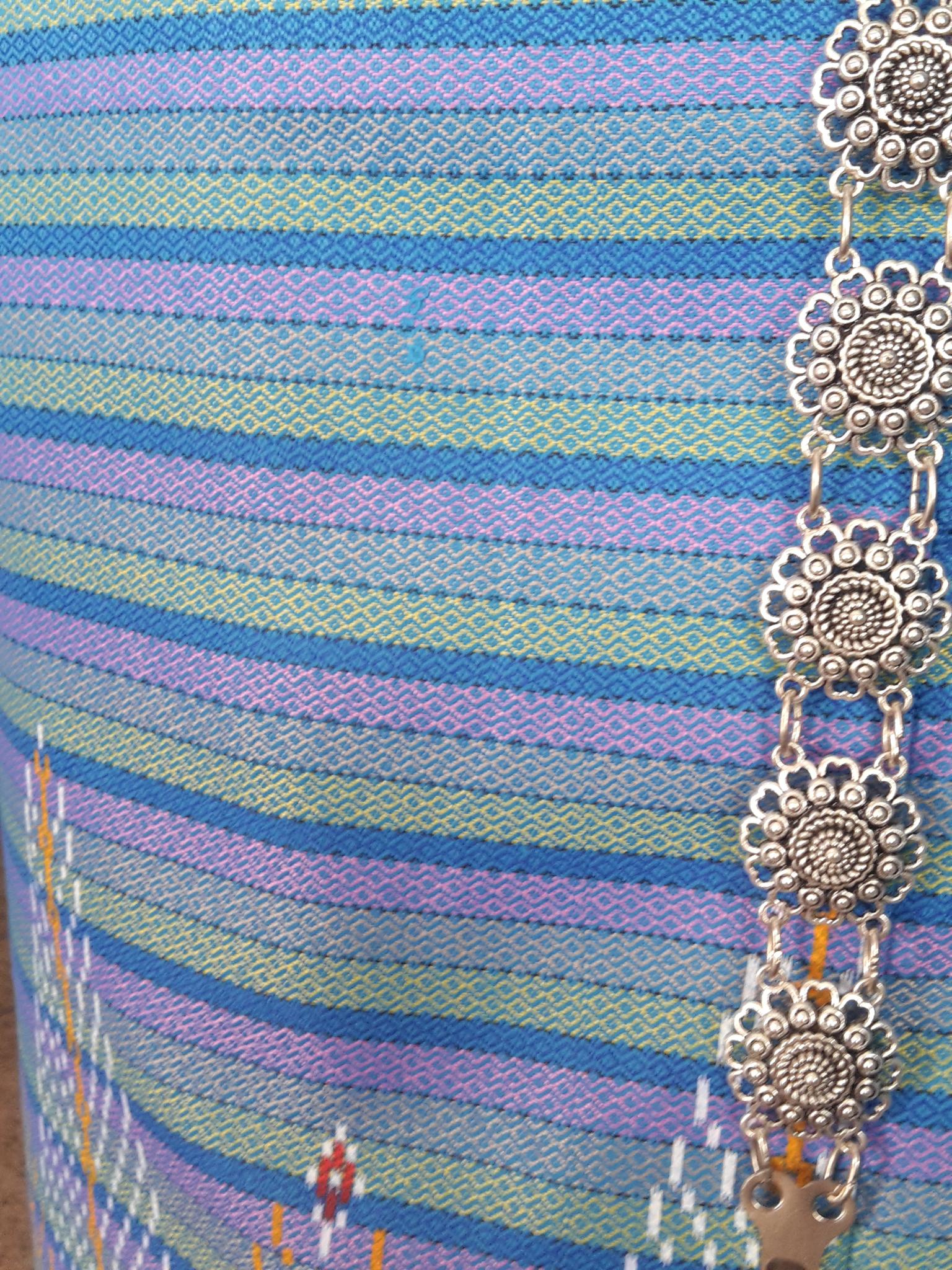 ผ้าซิ่นสำเร็จรูปผ้าซิ่นผ้าฝ้ายสีฟ้า แบบป้ายแต่ง 3 จีบกระดุมกระลา ผ้าถุงสำเร็จรูปสีฟ้า ผ้ามัดหมี่ตีนแดงสำเร็จสำเร็จรูป