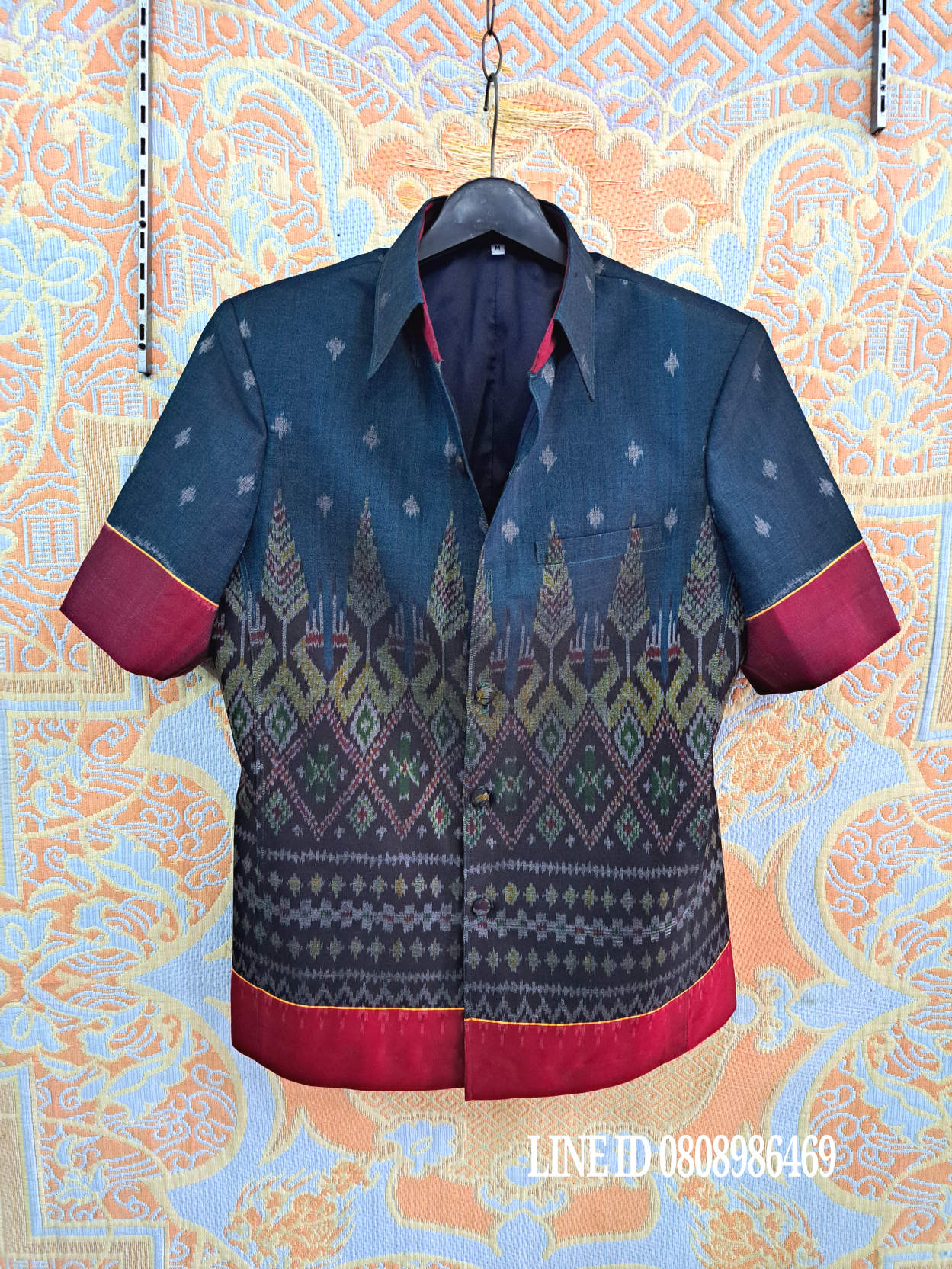 เสื้อสูทชายผ้าฝ้ายมัดหมี่แท้มัดหมี่ตีนแดงทอมือ เสื้อสูทชายฝ้ายแท้ สูทผ้าไทยชาย ซาฟารีผ้าไหมชาย สูทผ้าฝ้ายมัดหมี่ตีนแดง,สูทผ้าไทย ซาฟารีชาย ตามภาพ L
