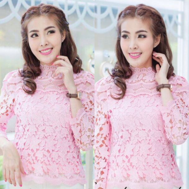 เสื้อลูกไม้สไตน์เกาหลีสีชมพู เสื้อลูกไม้สไตน์วัยรุ่นสีชมพู เสื้อใส่ผ้าซิ่น เสื้อลูกไม้แขนยาว5 ส่วน เสื้อลูกไม้ใส่กับผ้าซิ่นสีชมพู