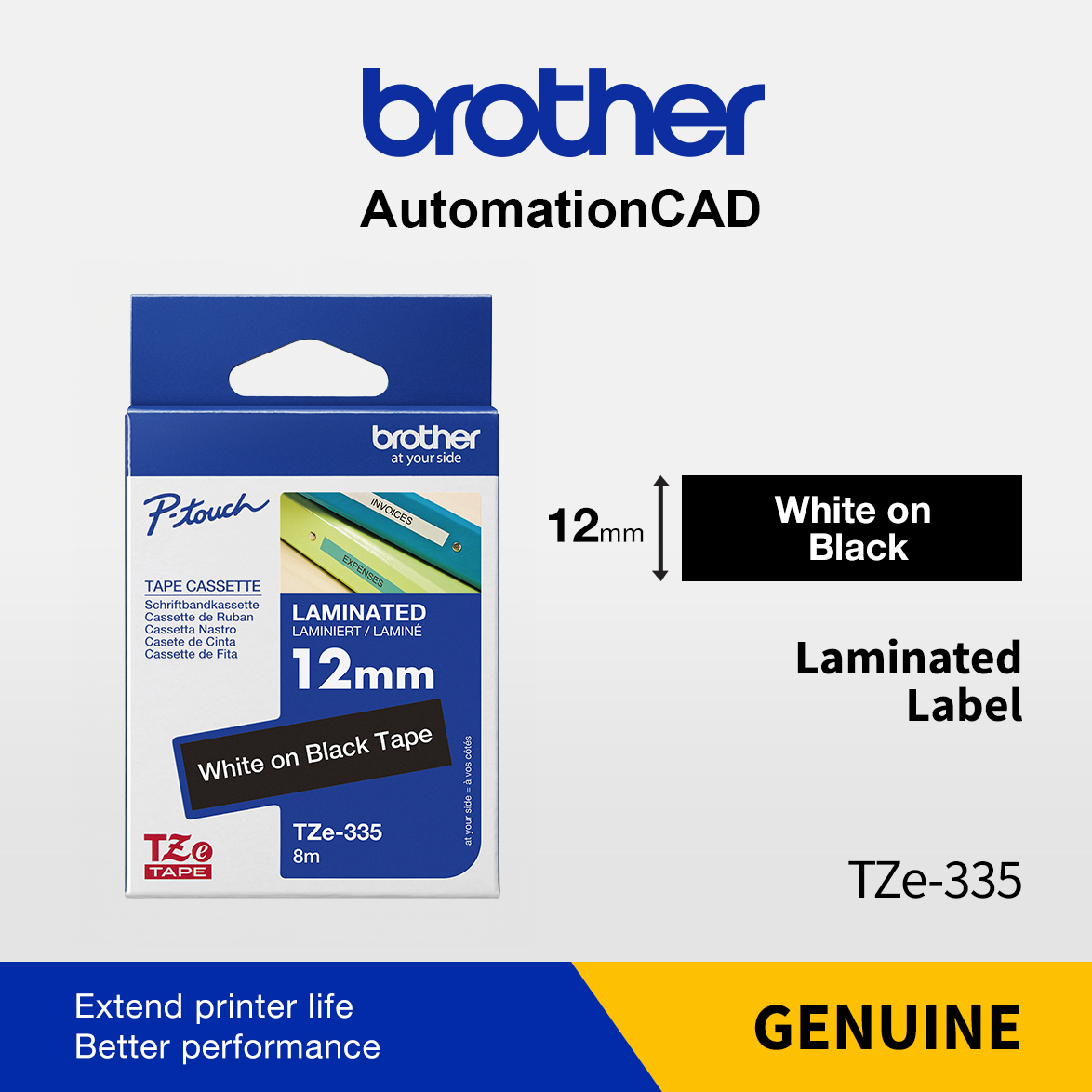 เทปพิมพ์อักษร TZE-335 12 มม. BROTHER ของแท้ อักษรสีขาว พื้นดำ