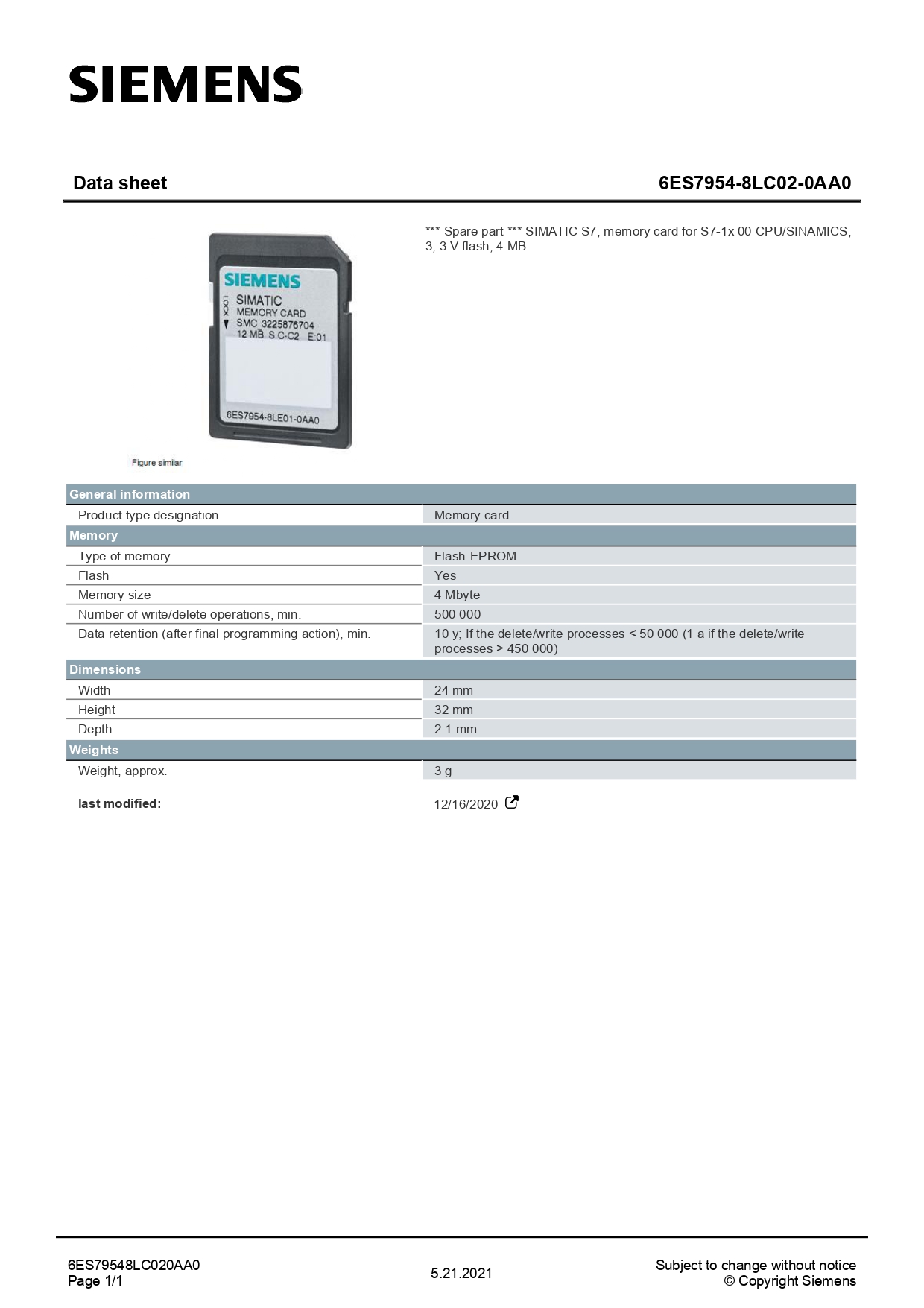 Memory card 4MB 6ES7 954-8LC02-0AA0 PLC SIEMENS S7-1x 00 CPU/SINAMICS