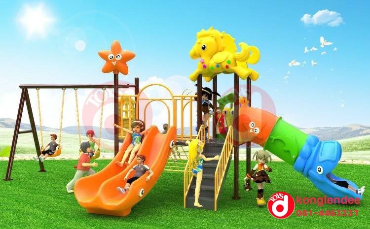 เครื่องเล่นสนามกลางแจ้ง ชุดม้าโพนี่ท่อสไลด์+ชิงช้า