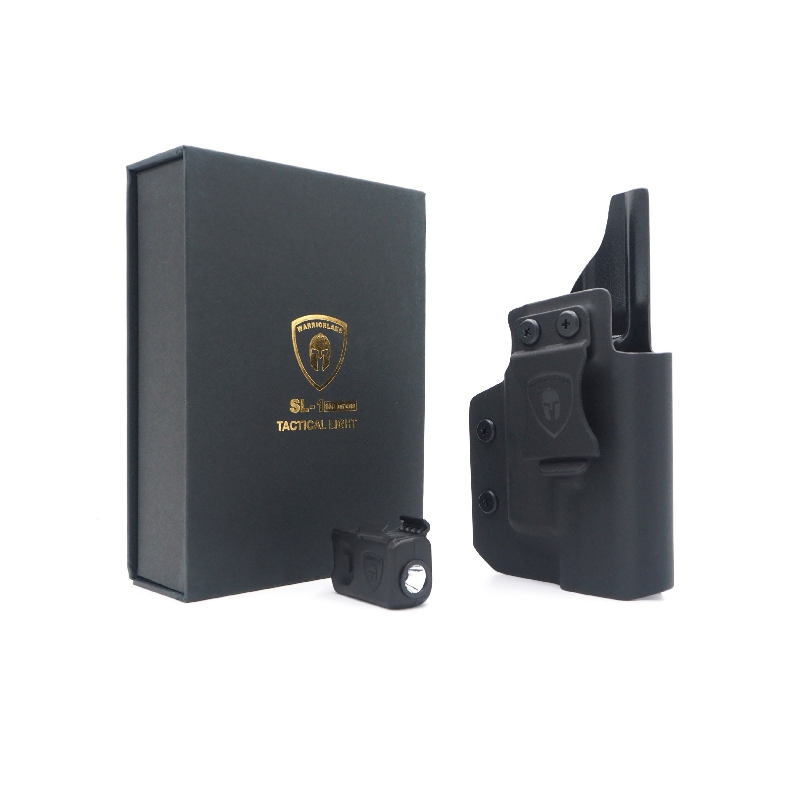 ไฟฉาย Warriorland SL-1 + ซองพกใน Kydex 🔺ไฟฉาย ผลิตจาก Polymer เกรดคุณภาพ 🔺ออกแบบให้ทนทานต่อแรงรีคอยด์ได้ 🔺ความสว่าง 150 Lumens 🔺ระยะส่องสว่าง 100 m. 🔺 มาตรฐานกันน้ำ IPX4 🔺 ปุ่มใช้งานได้ทั้งด้าน ซ้าย-ขวา
