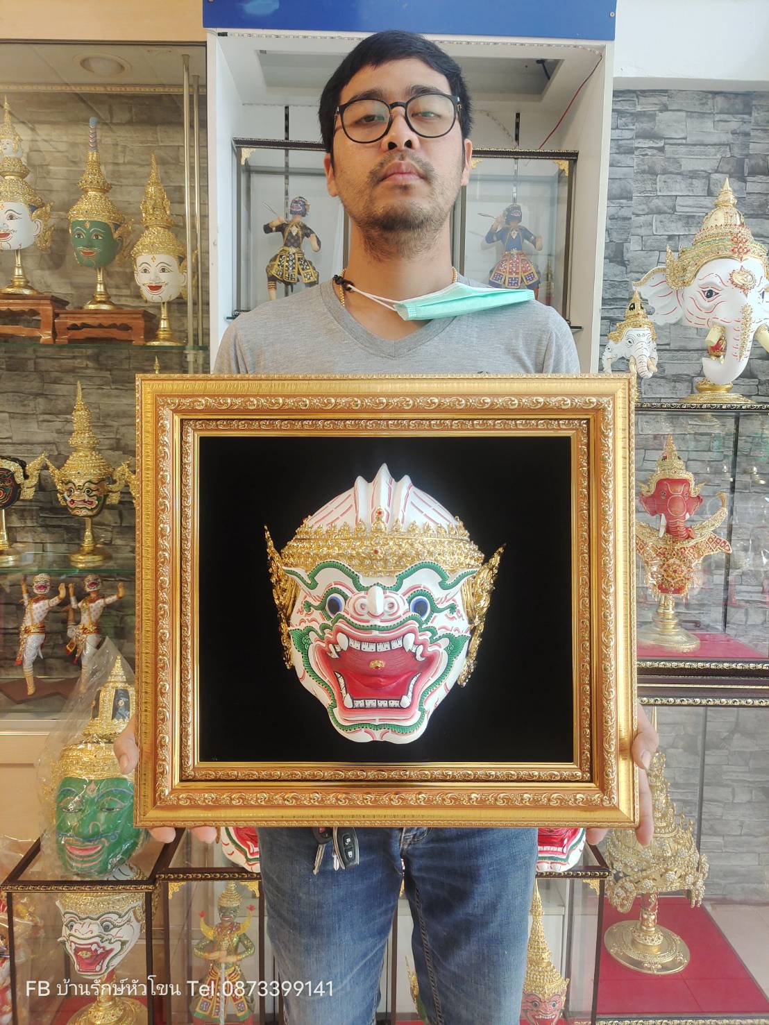 หัวโขน (ลิงขาว) หนุมาน พร้อมกรอบลายไทย แขวนผนัง