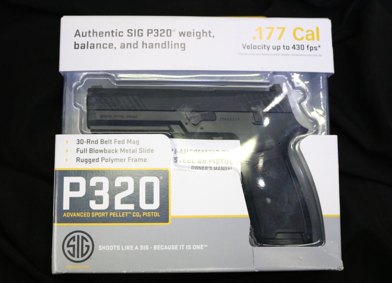 https://youtu.be/UZ3H1Hgyg48 New.SIG Sauer P320 Pistol co2 1.77 Uses a 12-gram CO2 cartridge Semi-auto 30rd belt-fed mag Manual safety Fixed white dot sights Blowback Metal slide Polymer frame Weaver/Picatinny accessory rail Same styling and trigger pull 