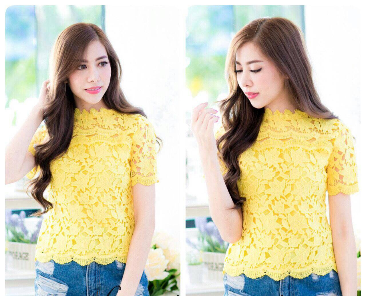 เสื้อลูกไม้สไตน์เกาหลีสีเหลือง เสื้อลูกไม้สไตน์วัยรุ่นสีเหลือง เสื้อใส่ผ้าซิ่นสีเหลือง เสื้อลูกไม้แขนสั้นสีเหลือง สีเหลือง XXXL