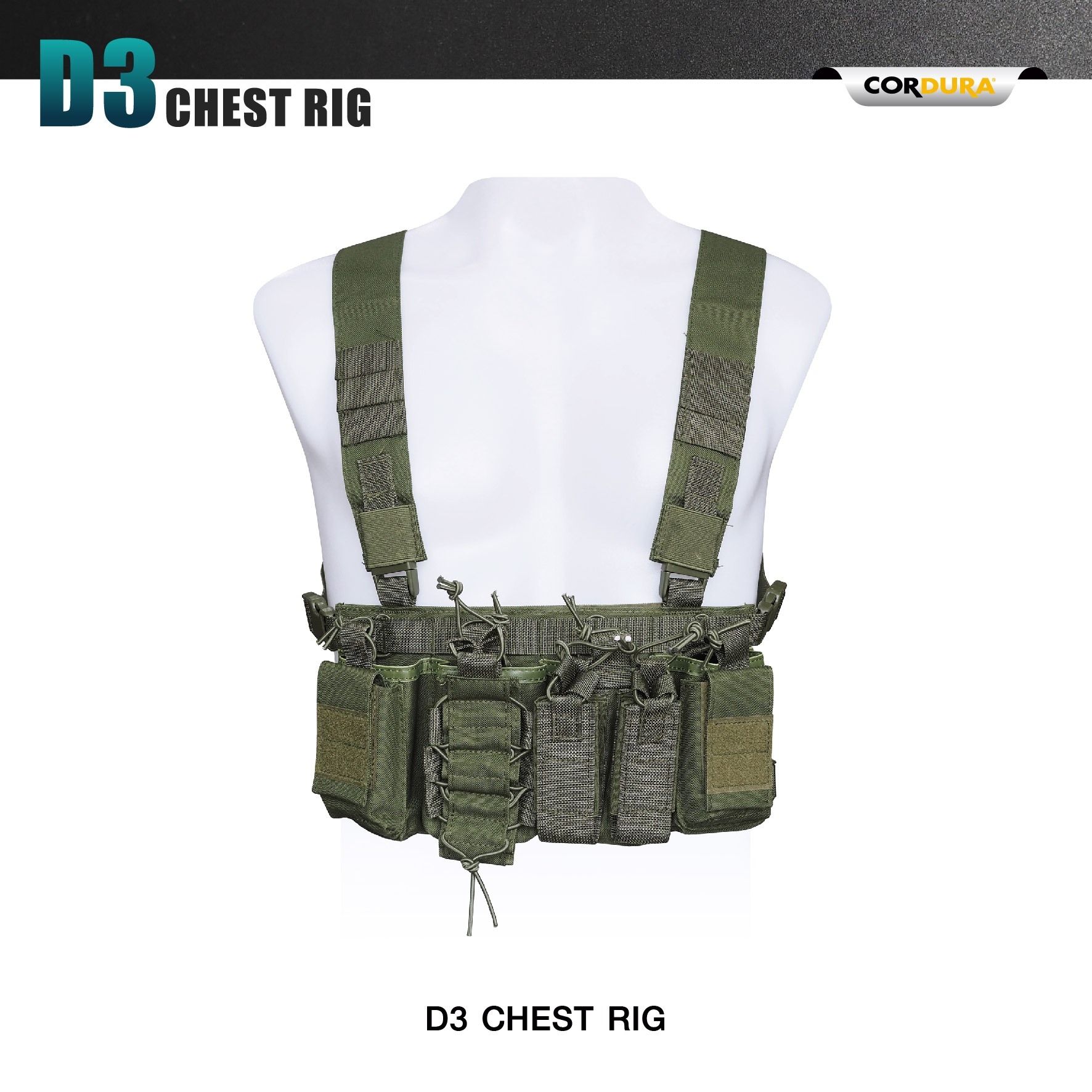 New.D3 Chest Rig (double arrow right)ผลิตจากผ้า Cordura 1000D (double arrow right)น้ำหนักเบา เพียง 0.45 kg ใส่สบาย (double arrow right)มีช่องใส่แม็กกาซีนปืน M4/M16 ได้มากถึง 4 ช่อง (double arrow right)มีช่องใส่ แม็กกาซีนปืนสั้น/ไฟฉาย ได้ 2 ช่อง (double ar