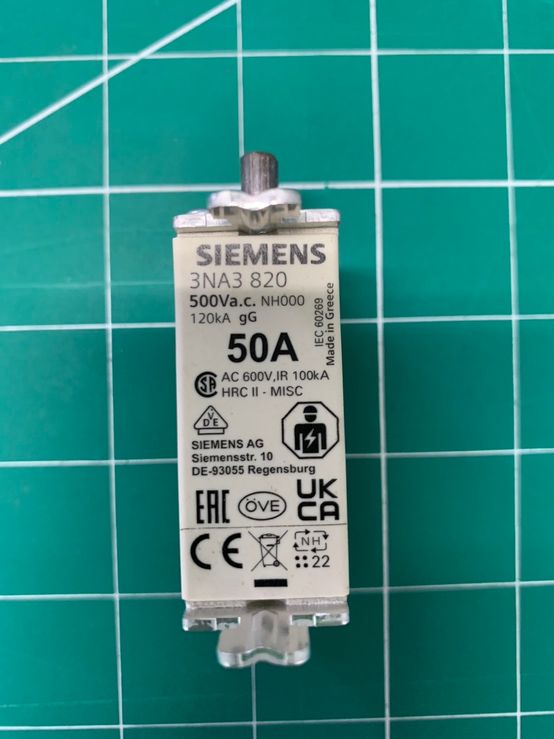 ฟิวส์ 50A 500V SIEMENS NH000 Fuse รุ่น 3NA3 820