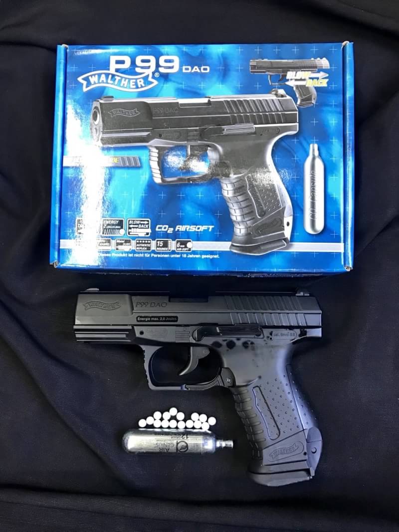 New.Walther P99 DAO Caliber 6 mm BB Power Source CO2 Magazine capacity 15 shot(s) Safety trigger safety Sights not adjustable Max. energy approx. 2,0 Joule(s) Shoot-Up available (not adjustable) Length 180 mm Weight 592 g Material metal / plastic Special 