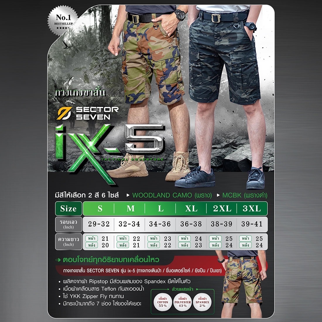 (clapping hands)สินค้าเข้ามาแล้วค่ะ (fire)กางเกงขาสั้น Sector Seven รุ่น ix5 🔱 ผลิตจากผ้า Ripstop มีส่วนผสมของ Spandex ยืดได้ในตัว 🔱 ส่วนผสมผ้า Cotton 55%, Polyester 43%, Spandex 2% 🔱 เนื้อผ้าเคลือบสาร Teflon กันละอองน้ำ 🔱 