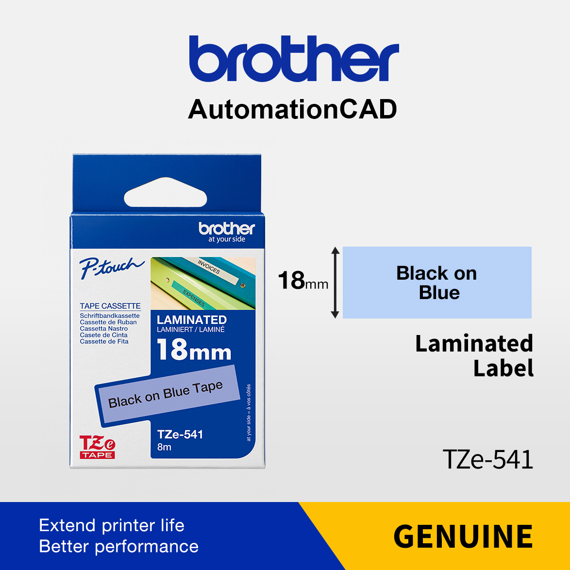 เทปพิมพ์อักษร TZE-541 ขนาด 18 มม. อักษรสีดำพื้นน้ำเงิน แบบเคลือบพลาสติก Brother
