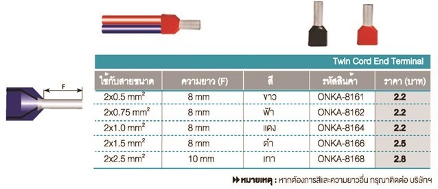 หางปลาคอร์เอ็น แบบคู่หุ้ม สีแดง ONKA-8164 ใช้กับสาย 1.0 sq.mm ข้อต่อย้ำปลายสาย หางปลา Twin