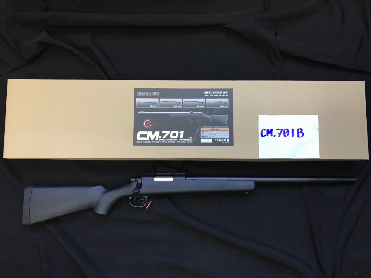 VSR-10 - CM.701 (B-C) “พลาสติกลายไม้และสีดำ” ราคา: 5,100 บาท ระบบชักยิง อัพเกรดกล่องไกเหล็ก บอดี้ทำจากพลาสติก ABS ลำกล้องเป็นเหล็ก ความแรง : 550fps (วัดด้วย0.20g) ระยะหวังผล : 30-40 เมตร บรรจุ 30 นัด บอดี้ ABS/ ลพากล้องเหล็ก ท่อใน 430 มิลฯ ความยาว :1,075