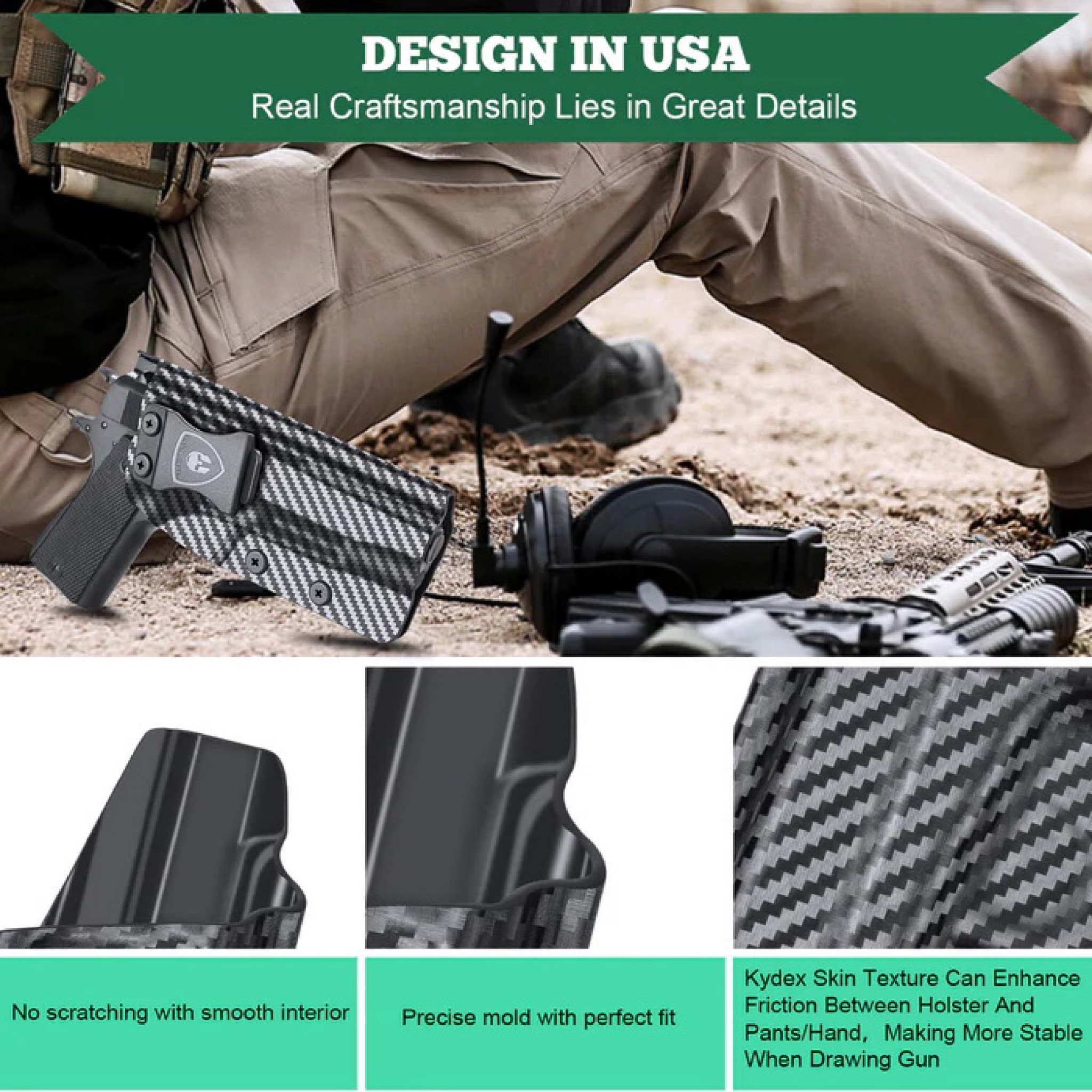 New. ซองพกใน Carbon Fiber 1911 (ไม่มีราง) Carbon Fiber Holster 1911 (ไม่มีราง) ( Warriorland ) - ผลิตจาก Carbon Fiber คุณภาพสูง - แผ่นหนา 2 mm. แข็งแรงทนทา - ออกแบบให้ซองคลุมรอบโกร่งไก ป้องกันอุบัติเหตุ - ซองไม่เก็บความชื้น ทำความสะอาดง่าย - ปรับความกระชั