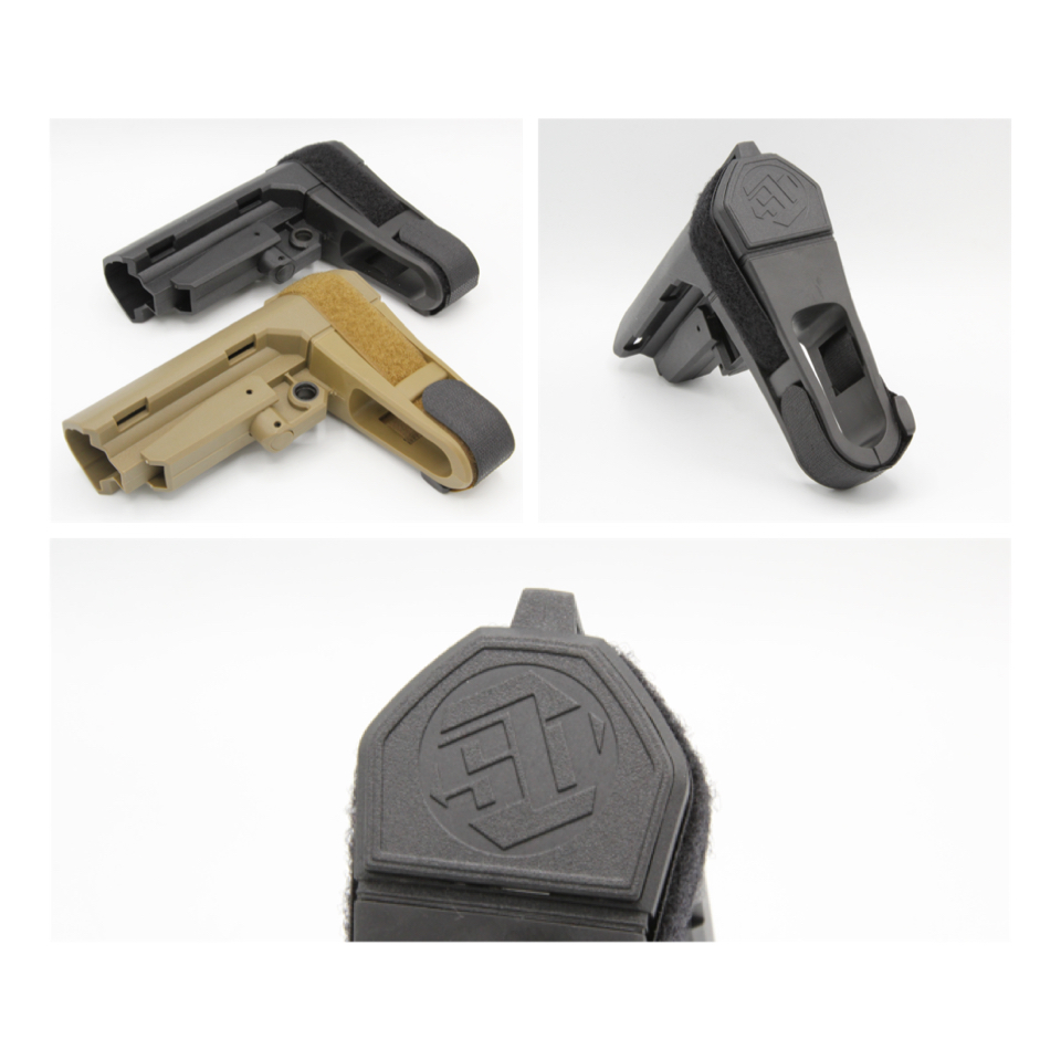 พานท้าย SBA3 (Pistol Stabilizing Brace) พานท้ายที่สามารถรัดติดกับข้อมือ ทำให้สามารถยิงปืนมือเดียวได้มั่นคง มี2สีให้เลือก สีดำ สีทราย ราคา 1,500 บาท