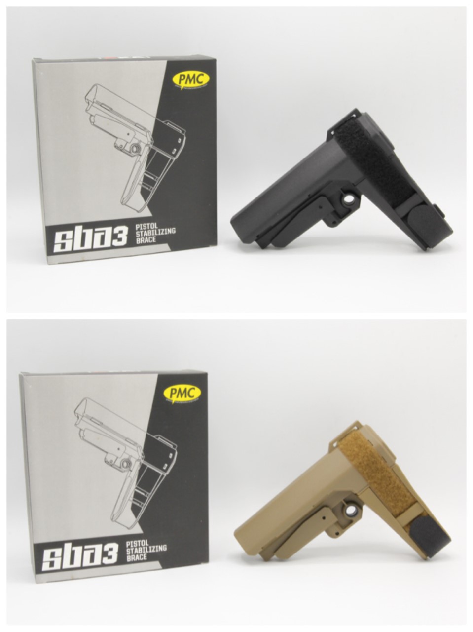 พานท้าย SBA3 (Pistol Stabilizing Brace) พานท้ายที่สามารถรัดติดกับข้อมือ ทำให้สามารถยิงปืนมือเดียวได้มั่นคง มี2สีให้เลือก สีดำ สีทราย ราคา 1,500 บาท