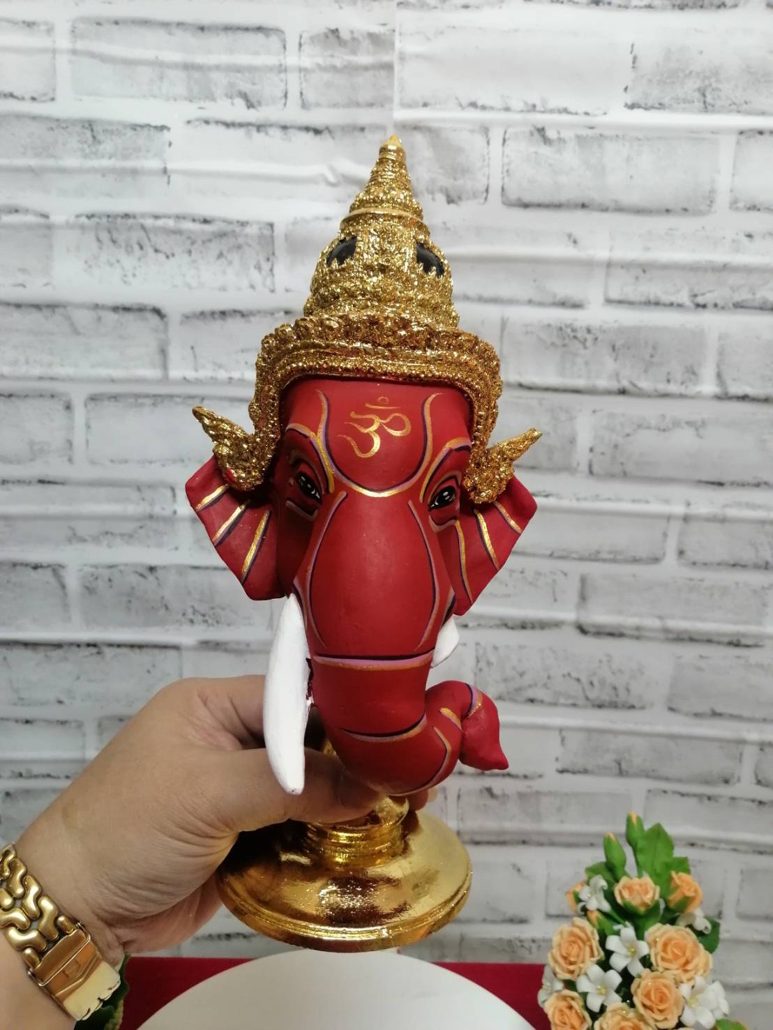 เศียรครู พระพิฆเนศ ขนาด 5 นิ้ว พร้อมฐานทอง (งานเรซิ่น) ทองเค