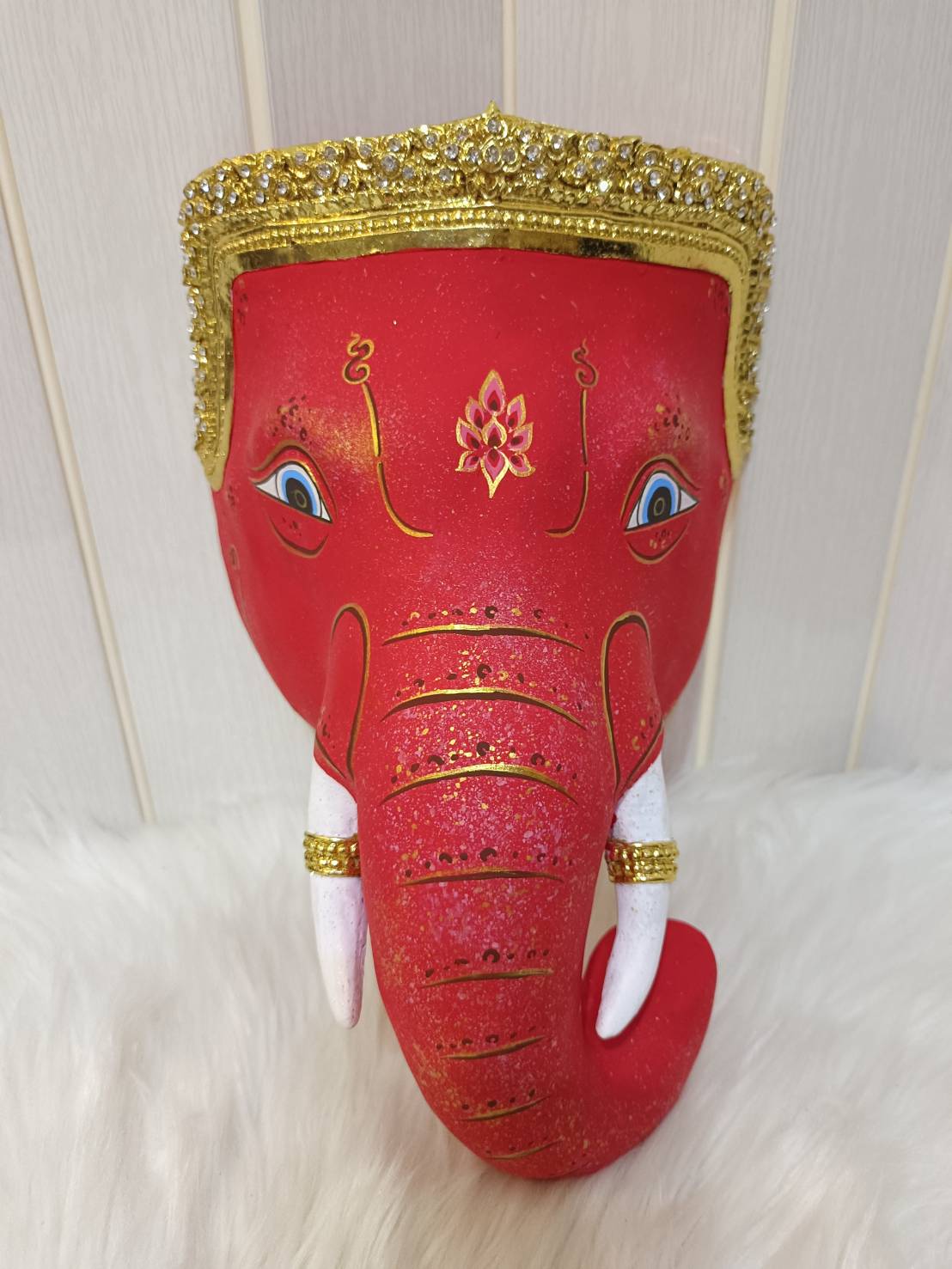 หน้ากากพระพิฆเนศ (สีแดง) ขนาดเท่าหน้าคน เกรดพรีเมี่ยม งานกระดาษ ปิดทองเค ประดับเพชร