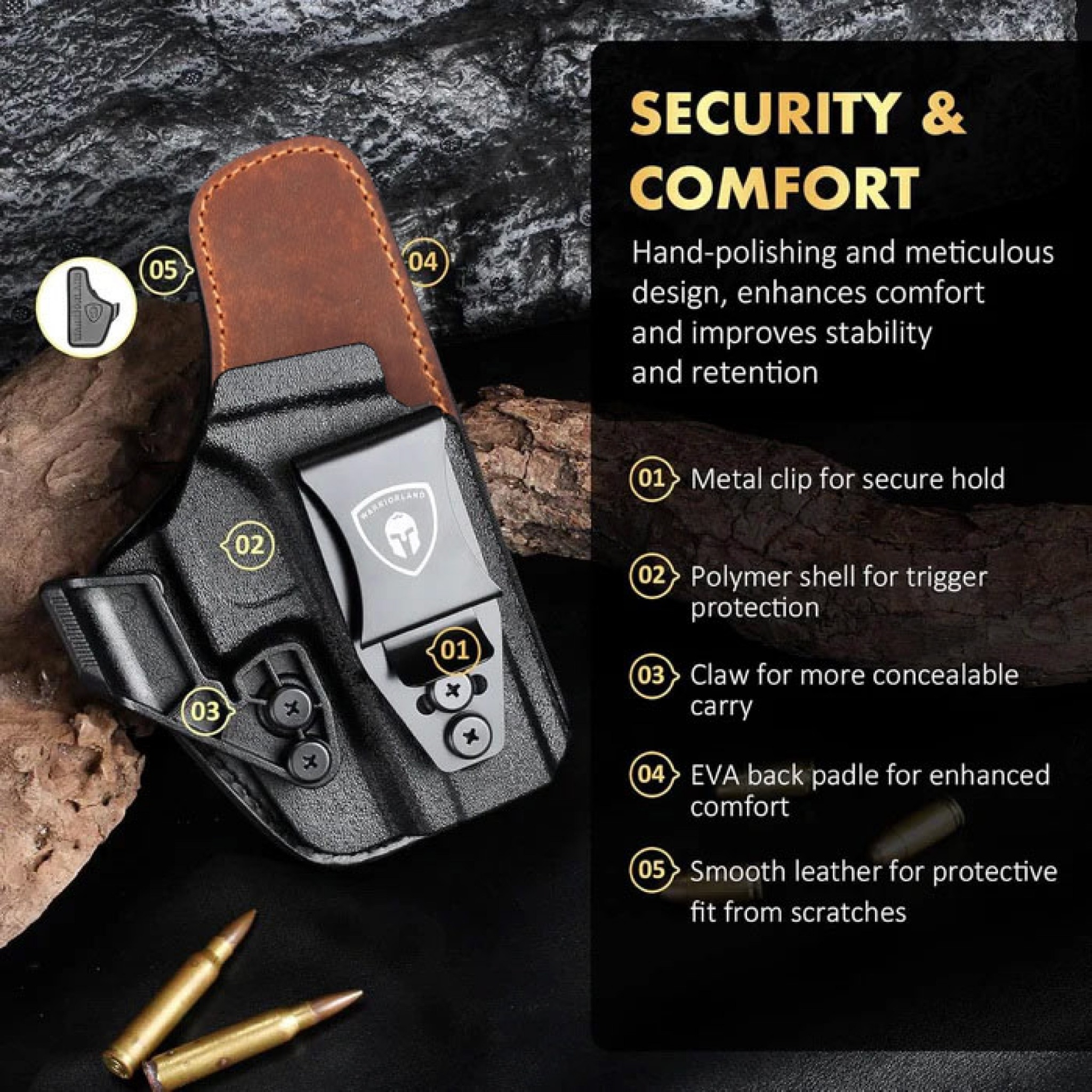 New. ซองพกใน Kydex + หนัง G19/G17 WARRIORLAND IWB Kydex & Leather Holster ♦ ผลิตจาก kydex เกรดคุณภาพ ♦ ออกแบบซองให้คลุมโกร่งไกทั้งหมด ใช้งานปลอดภัย ♦ ด้านหลังมีแผ่น Foam รองรับ ใช้งานได้ตลอดทั้งวัน ♦ ภายในบุด้วยแผ่นหนัง ลดการเส