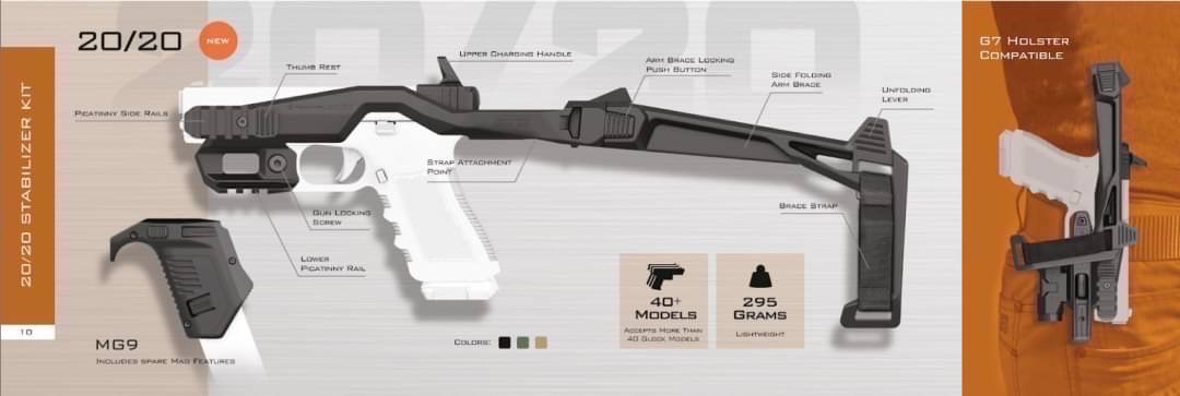 ชุดประกอบปืนสั้น รุ่น Full Kit สำหรับปืน : Glock17,19,34 (ทุกเจน) คุณสมบัติ : วัสดุผลิตจากโพลิเมอร์ คุณภาพสูง ทนความร้อนได้ดีเยี่ยม ขนาดเล็กกระทัดรัด น้ำหนักเบา ติดตั้งง่าย เพียงถอดน็อตตัวเดียว (บริเวณด้านหน้าใต้ลำที่จับรางล่าง) พานท้ายสามารถพับได้ และ ออ