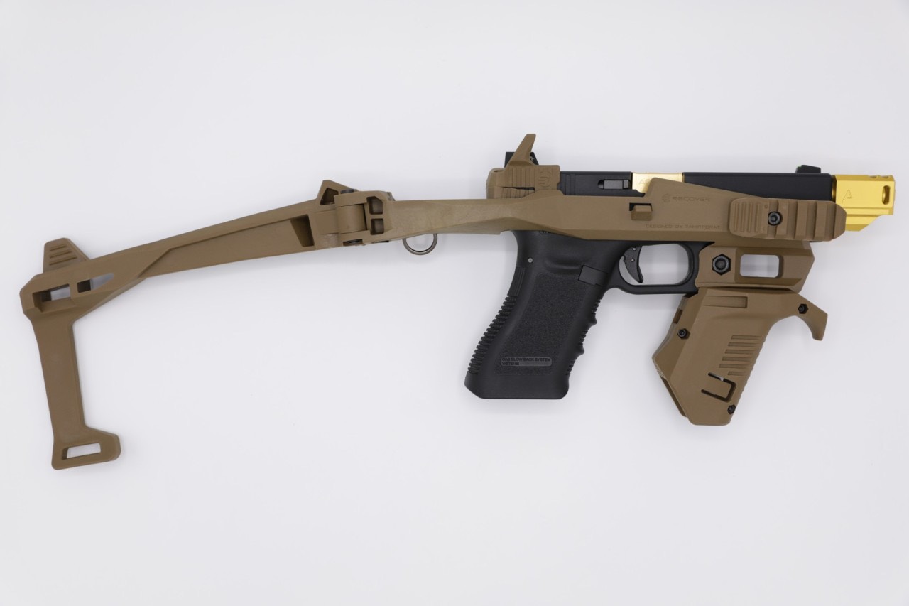 🔥 ชุดประกอบพานท้ายพับได้ Recover 20/20 สำหรับ Glock ตัวเดียวรองรับได้หลายรุ่น 19 gen 3-4-5 / 19x 17 gen 3-4-5 22 gen 3-4-5 23 gen 3-4-5 31 gen 3-4-5 32 gen 3-4-5 34 gen 3-4-5 ในชุดประกอบด้วย 🔺 ชุดพานท้ายพับได้ มีรางติดอุปกรณ์เสริมด้านหน้า 