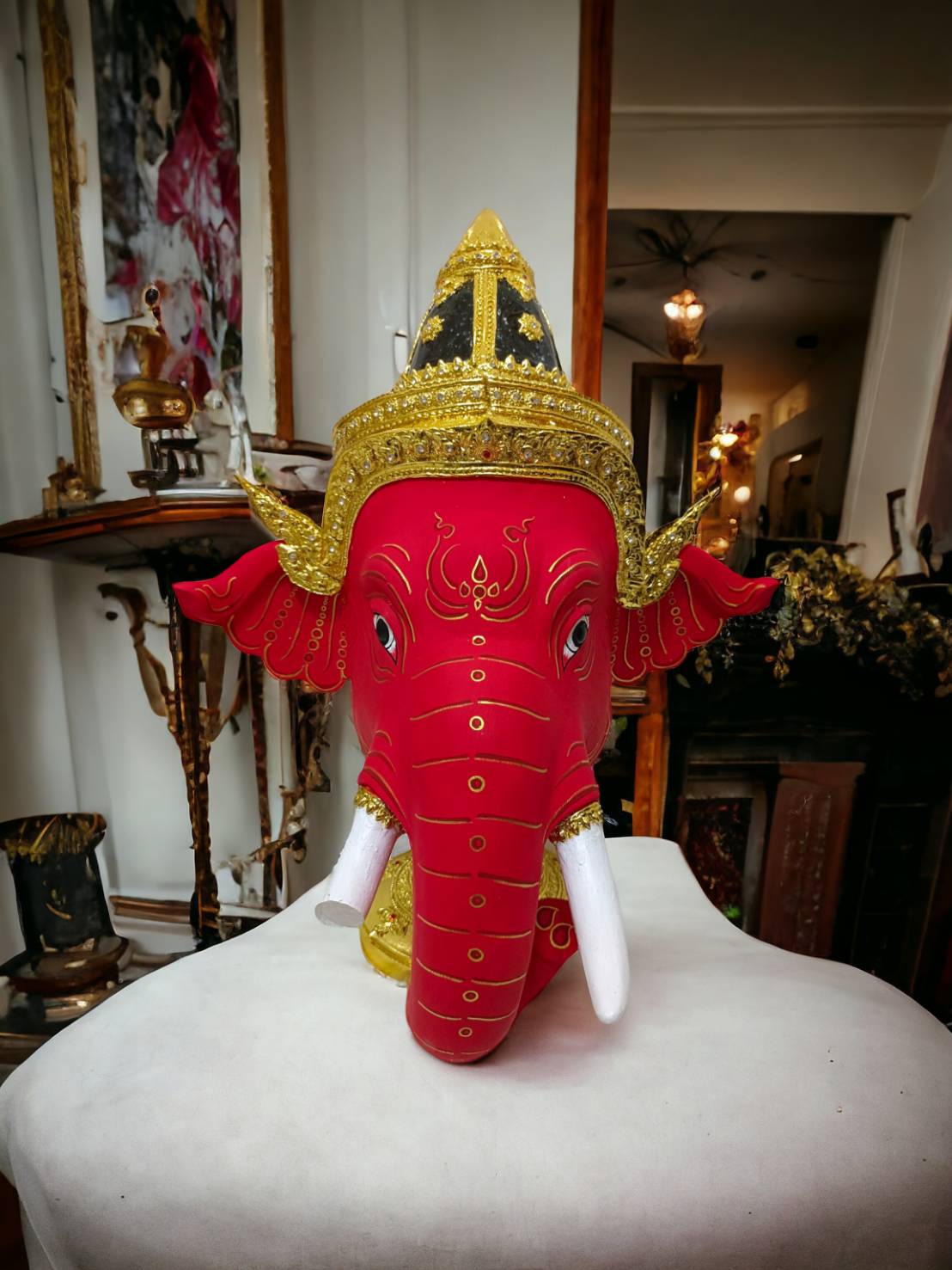เศียรครู พระพิฆเนศ ขนาดครอบ พร้อมฐานไม้อัดสีแดง