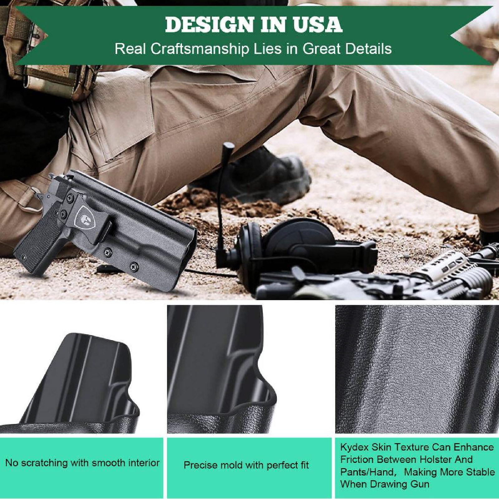 New. ซองปืนพกใน Kydex 1911 ( Warriorland ) IWB Kydex Holster (Serie B) Warriorland -ใช้สำหรับรุ่น Colt/ Kimber/ Springfield/ S&W/ Ruger/ Taurus/ Rock Island และรุ่น 1911 .45 ACP -ตัวซองผลิตจากแผ่น Kydex คุณภาพดี -ทำความสะอาดได้ง่าย ล้างคราบสกปรกออกง่าย -ค