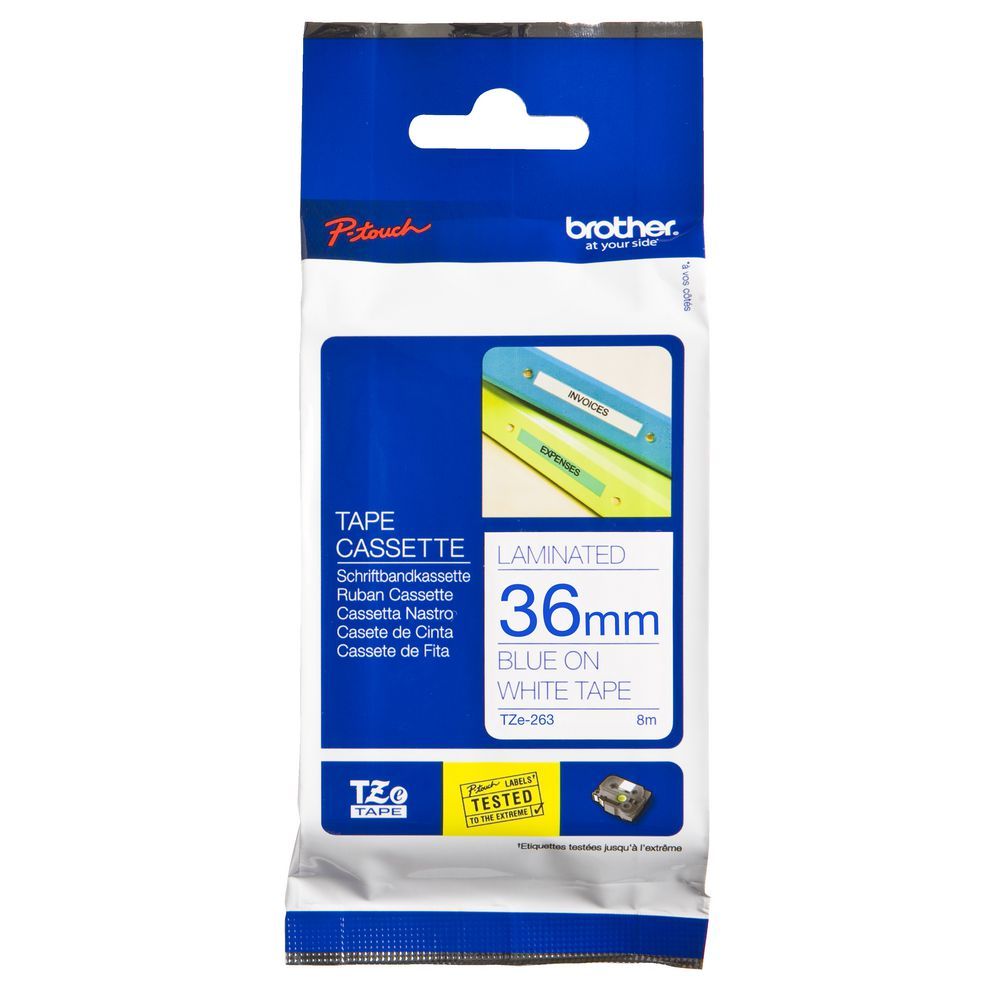 เทปพิมพ์อักษร TZE-263 ขนาด 36 มม. อักษรสีน้ำเงินพื้นขาว แบบเคลือบพลาสติก Brother