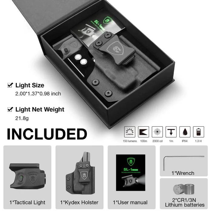 New.ไฟฉาย Warriorland SL-1 + ซองพกใน Kydex 🔺ไฟฉาย ผลิตจาก Polymer เกรดคุณภาพ 🔺ออกแบบให้ทนทานต่อแรงรีคอยด์ได้ 🔺ความสว่าง 150 Lumens 🔺ระยะส่องสว่าง 100 m. 🔺 มาตรฐานกันน้ำ IPX4 🔺 ปุ่มใช้งานได้ทั้งด้าน ซ้าย-ขวา