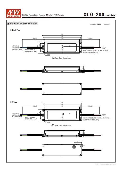 LED Driver พาวเวอร์ซัพพลาย XLG-200-12-A Meanwell 12VDC 200W Switching Power Supply