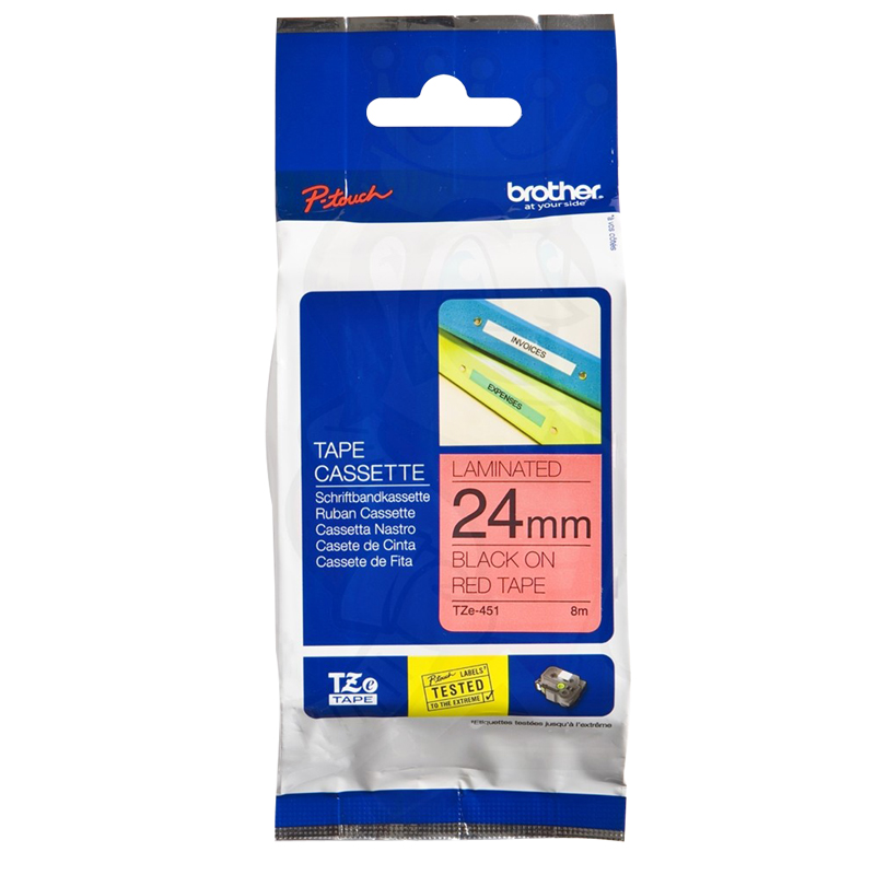 เทปพิมพ์อักษร TZE-451 ขนาด 24 มม. อักษรสีดำพื้นแดง แบบเคลือบพลาสติก Brother