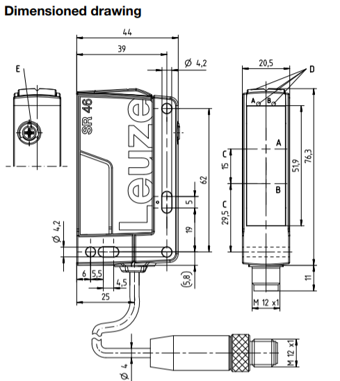 สายพร้อม CONNECTOR (PUR) แบบงอ90 ํ เกลียว M12 ตัวเมีย แบบ 4 ขา ยาว 5m.