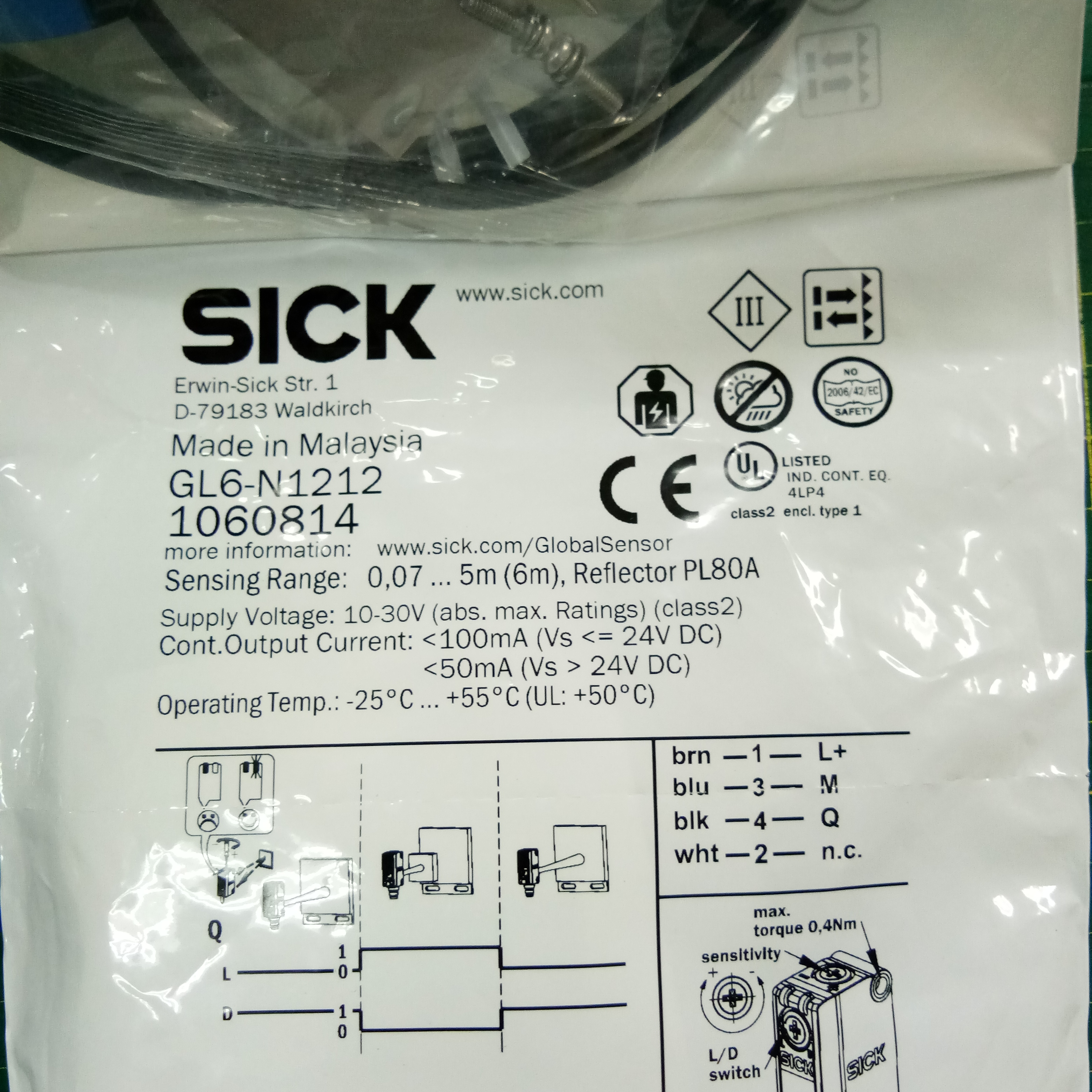 เซนเซอร์ SICK ระยะการตรวจจับ 6 m Photo Sensor Retro Reflective Mode