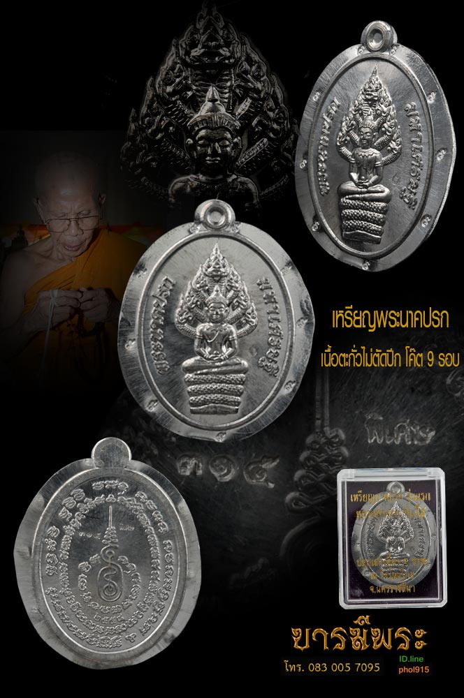 เหรียญพระนาคปรก เนื้อตะกั่วไม่ตัดปีก โค๊ต 9 รอบ. หลวงพ่อจอย วัดโนนไทย. อำเภอโนนไทย จังหวัดนครราชสีมา.