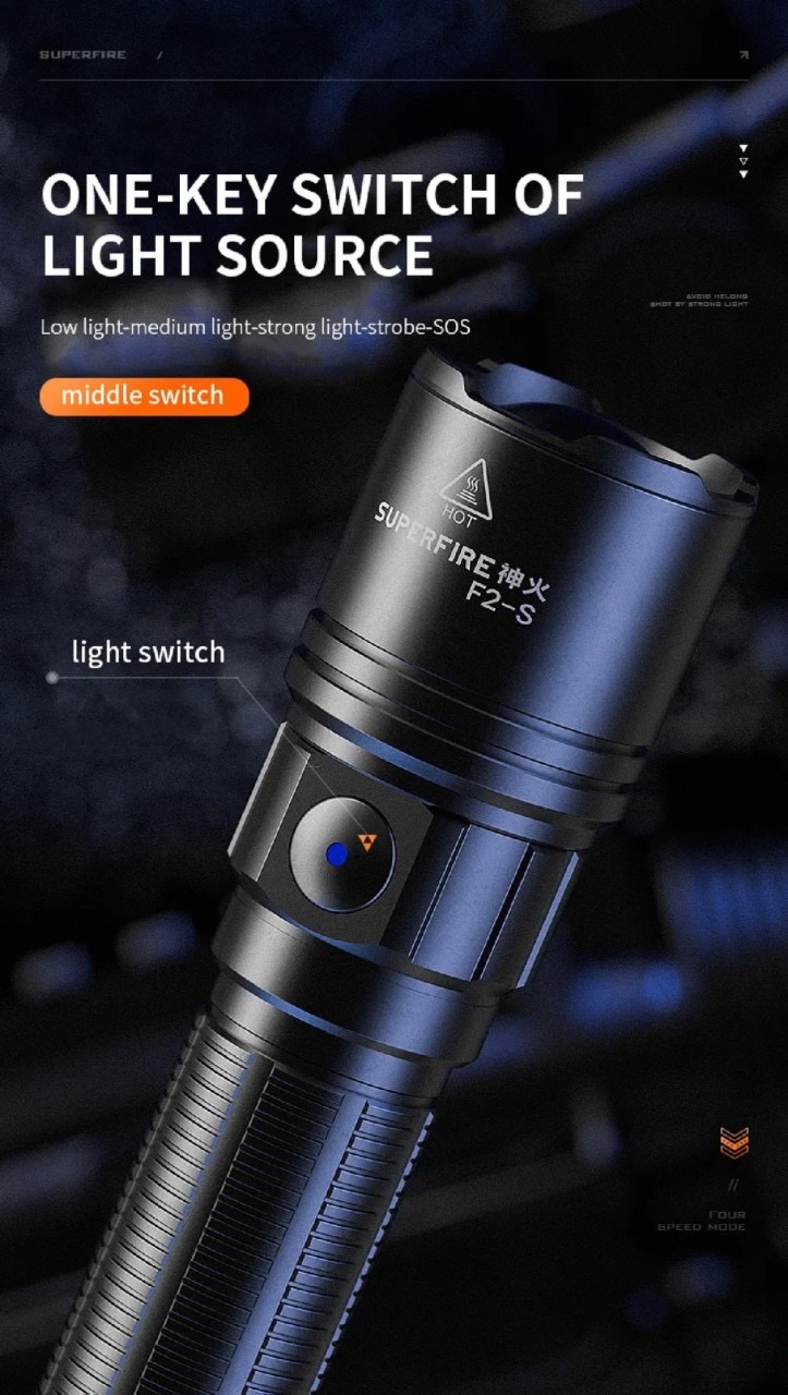 New. New.ไฟฉาย Supfire รุ่น F2-S 🔦 ตัวเรือนผลิตจาก 6061-T6 aviation aluminum 🔦 หลอด CREE XPE LED 15W 🔦 ความสว่างสูงสุด 700 Lumens 🔦 ระยะส่องสว่าง 220 เมตร 🔦 ใช้งานได้ยาวต่อเนื่องนาน 4 ชั่วโมง 🔦 ขนาดไฟฉาย 132