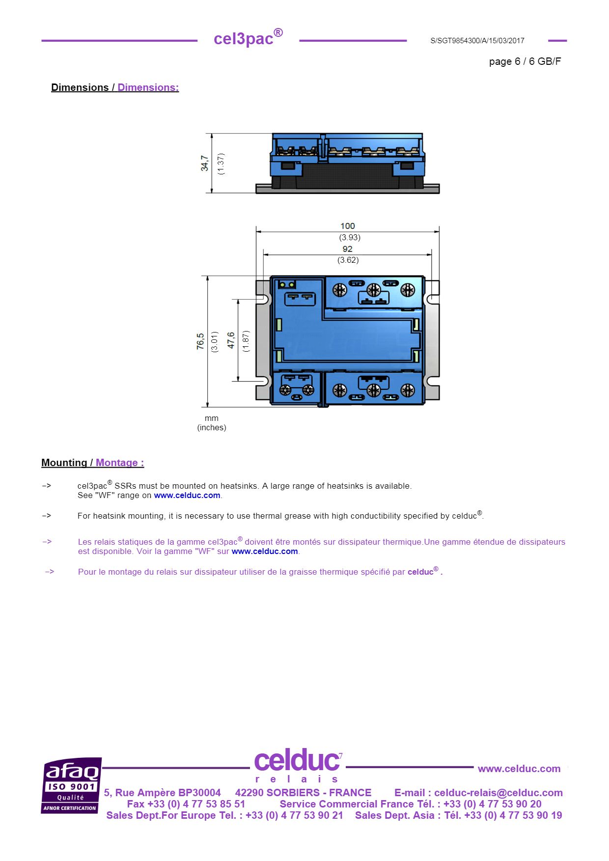 โซลิดสเตต 50A 24-600VAC input 10-30VDC SOLID STATE RELAY CELDUC รุ่น SGT965360E