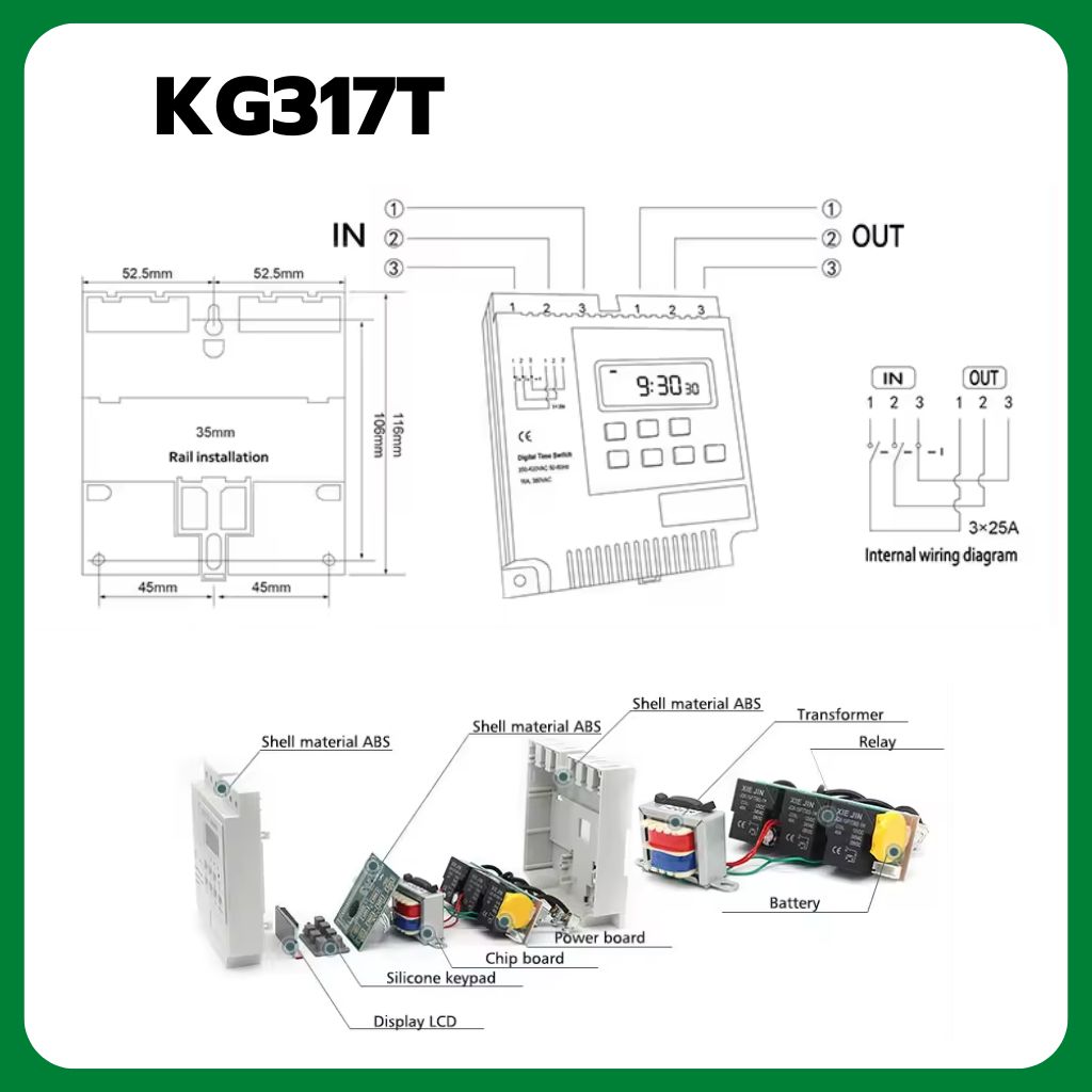 KG317T 380VAC นาฬิกาตั้งเวลาสัปดาห์ 30 โปรแกรม 3 Phase เครื่องตั้งเวลา เปิด-ปิด อุปกรณ์ไฟฟ้า อัตโนมัติ Timer Switch