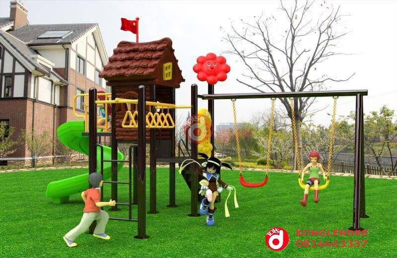เครื่องเล่นสนาม ชุดwood house slide swing