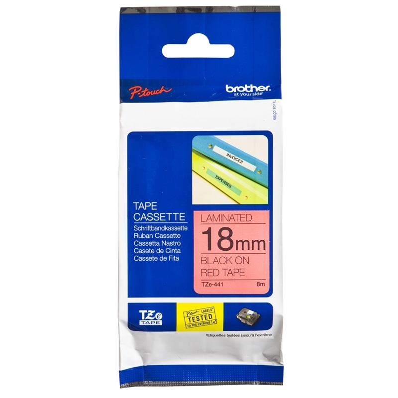 เทปพิมพ์อักษร TZE-441 ขนาด 18 มม. อักษรสีดำพื้นแดง แบบเคลือบพลาสติก Brother